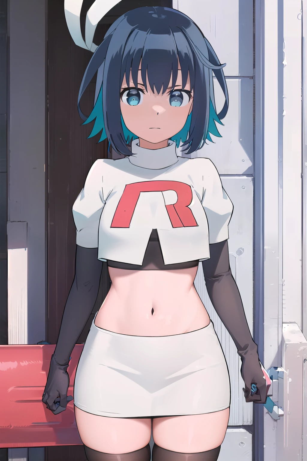 (extremely detailed CG unity 8k wallpaper),(masterpiece),(best quality),(ultra-detailed),(best illustration),(best shadow),(absurdres), Konoha, 1girl, solo, outdoors, looking at viewer, blue eyes, multicolored hair, short hair, blue hair, black hair, two-tone hair, bangs, virtual youtuber, colored inner hair, aqua hair, team rocket,team rocket uniform,white skirt,red letter R,crop top,black thigh-highs,black elbow gloves