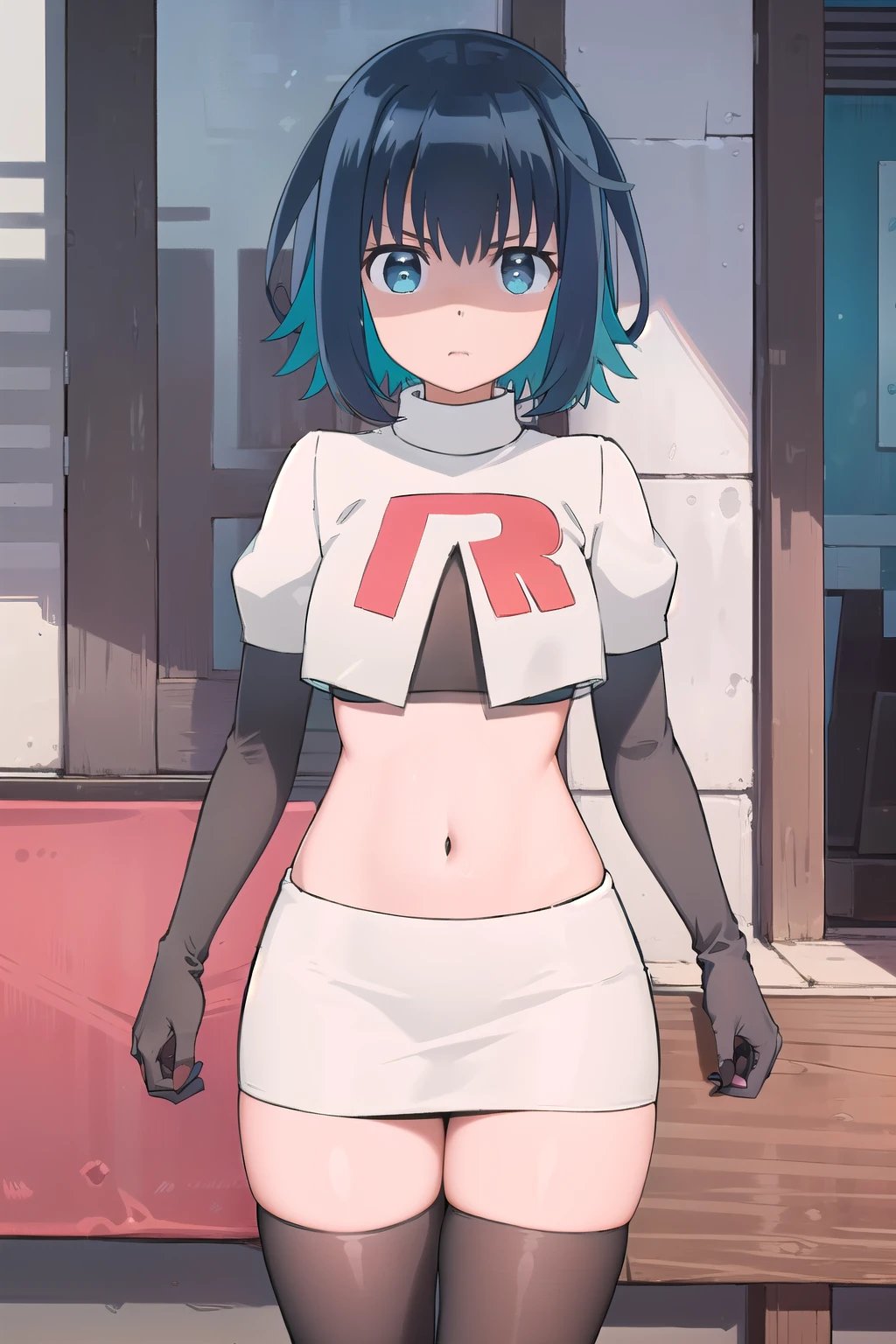 (extremely detailed CG unity 8k wallpaper),(masterpiece),(best quality),(ultra-detailed),(best illustration),(best shadow),(absurdres), Konoha, 1girl, solo, outdoors, looking at viewer, blue eyes, multicolored hair, short hair, blue hair, black hair, two-tone hair, bangs, virtual youtuber, colored inner hair, aqua hair, team rocket,team rocket uniform,white skirt,red letter R,crop top,black thigh-highs,black elbow gloves