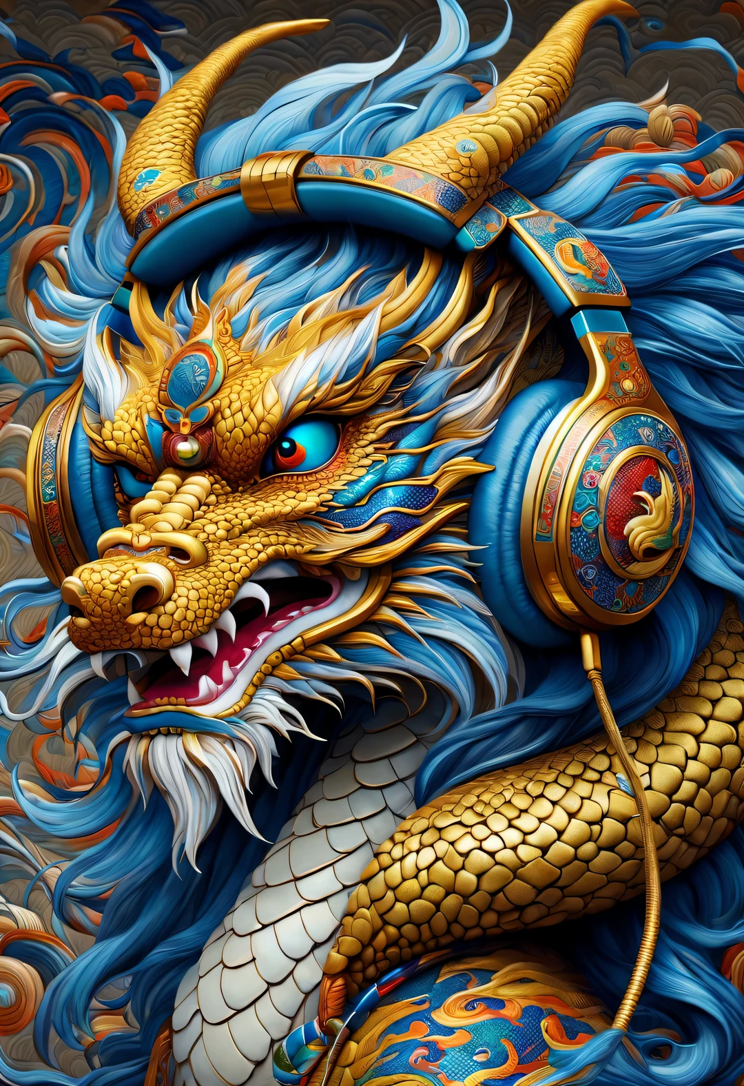 neofuturistic style, （Proud Chinese dragon wearing big headphones），realistic hair，Chinese cloisonne，portrait, Beautiful detailed