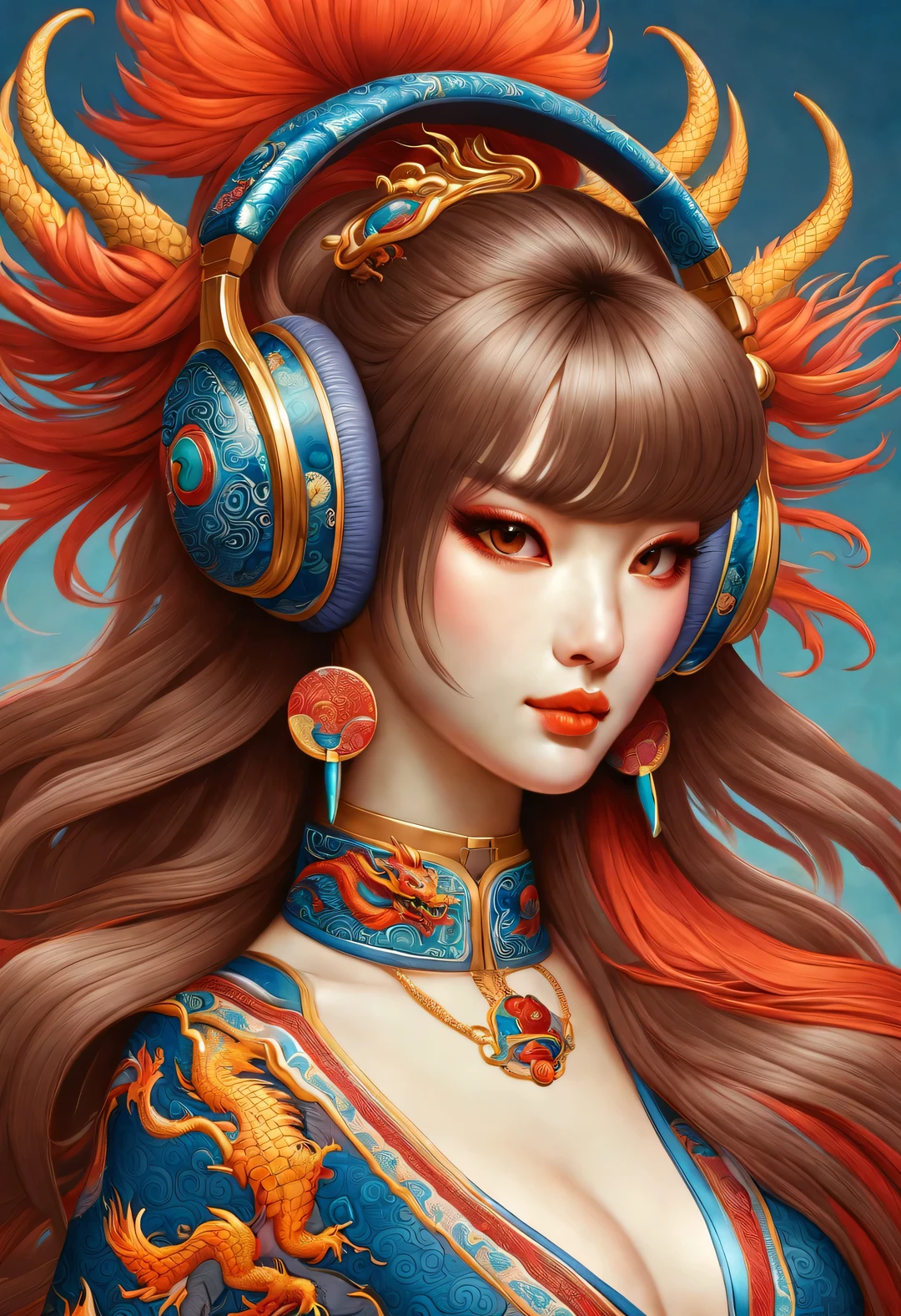 neofuturistic style, （Proud Chinese dragon wearing big headphones），realistic hair，Chinese cloisonne，portrait, Beautiful detailed