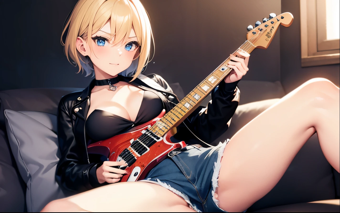High resolution, 2D anime style,,blue eyes beautiful eyes,high and beautiful nose,thin face,blonde boyish short hair,Cool adult woman,Chest is slightly larger,she looks very happy,biting one's lips, she was very angry, she narrows her eyes,Punk fashion that shows cleavage,she is wearing a leather jacket and shorts.,have a guitar,I'm playing guitar,In the studio