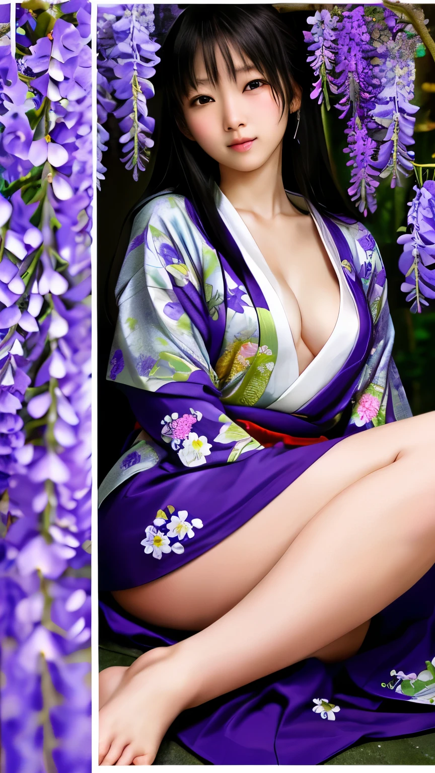 最high quality、high quality、best image quality、8K、最High resolution、High resolution、最high quality、masterpiece、Realistic human body with detailed details、Realistic skin in every detail、Realistic face in every detail、Realistic eyes in every detail、Realistic lips in every detail、Realistic teeth in every detail、Realistic ears with attention to detail、Realistic hair with detailed details、Realistic arms with attention to detail、Realistic hands with attention to detail、Realistic fingers with attention to detail、(fine hands、thumb１reference４)、Realistic legs with attention to detail、Realistic feet with attention to detail、((beautiful japanese girl))、(japanese model), (japanese woman)、((18 year old beautiful girl))、(black hair)、(straight hair)、((whole body))、((Upward beautiful breasts、Medium chest))、(slim style、slender style)、(whole body光沢肌、Fair skin)、Detailed and realistic human body、detailed realistic skin、detailed realistic face、detailed realistic arms、Detailed realistic fingers、Detailed realistic feet、soft natural light、samurai kimono、maiko kimono、servant、geisha kimono、japanese kimono、Furisode、kimono、Yukata、japanese traditional、Samurai Residence、Japanese garden、((colorful transparent see-through(flowery kimono、Hakama with side slits))、((Under the wisteria tree in full bloom(Poses that make your thighs look sexy))