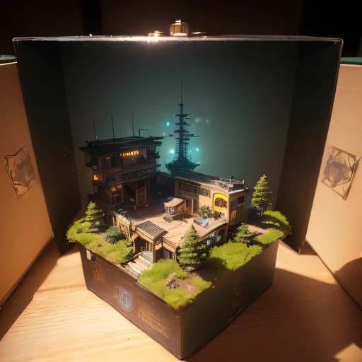 small realistic model, (bifurcation, original photo, best quality, masterpiece:1.4),Steampunk Cyberpunk City,(Cyberpunk light:1.3),on the Mars,horizon (related to land),(in a small nature box:1.3),Isometric, small nature, landscape on foundation,landscape,