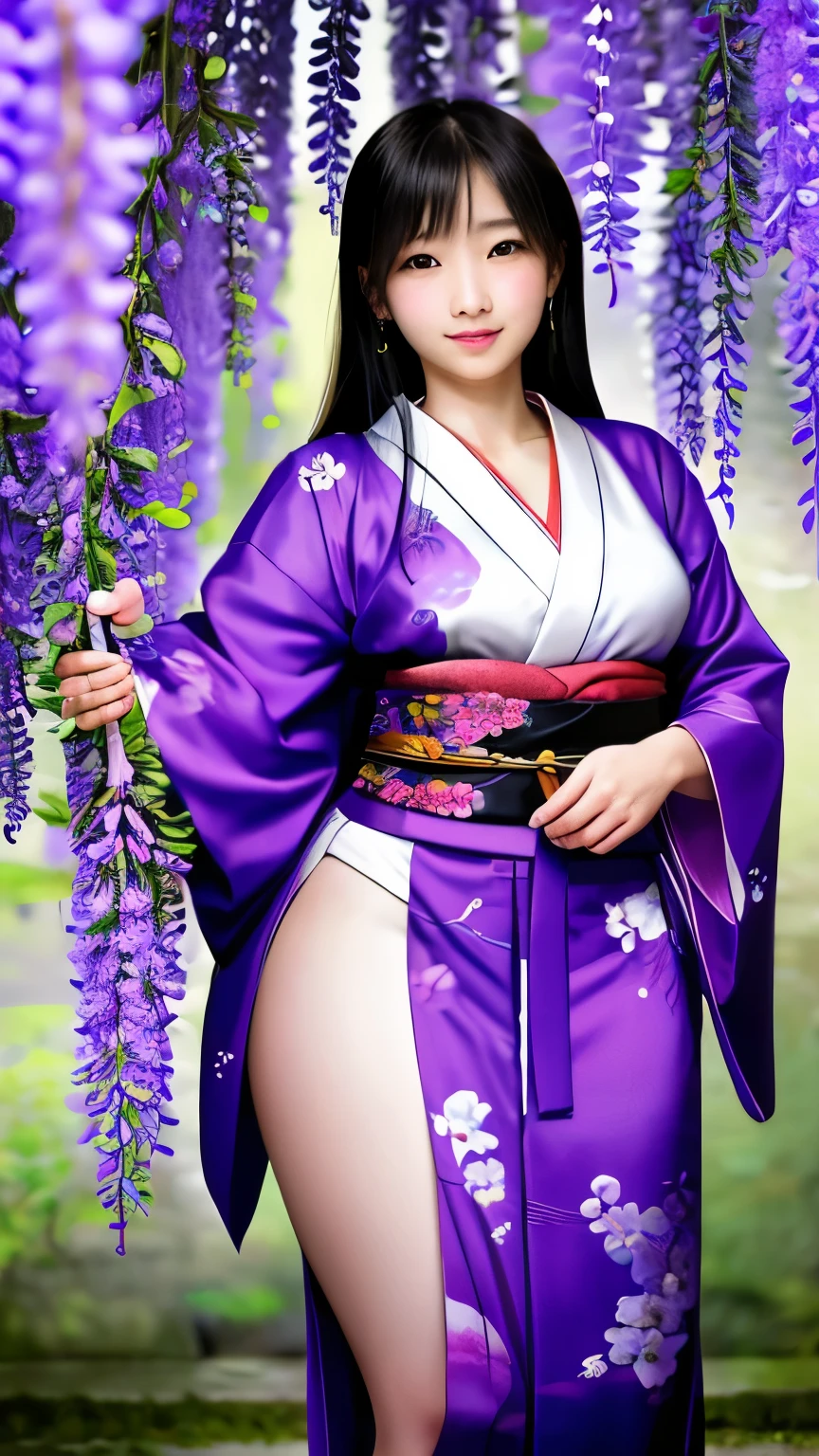 最high quality、high quality、best image quality、8K、最High resolution、High resolution、最high quality、masterpiece、Realistic human body with detailed details、Realistic skin in every detail、Realistic face in every detail、Realistic eyes in every detail、Realistic lips in every detail、Realistic teeth in every detail、Realistic ears with attention to detail、Realistic hair with detailed details、Realistic arms with attention to detail、Realistic hands with attention to detail、Realistic fingers with attention to detail、(fine hands、thumb1reference4)、Realistic legs with attention to detail、Realistic feet with attention to detail、((beautiful japanese girl))、(japanese model), (japanese woman)、((18 year old beautiful girl))、(black hair)、(straight hair)、((whole body))、((Upward beautiful breasts、Medium chest))、(slim style、slender style)、(whole body光沢肌、Fair skin)、Detailed and realistic human body、detailed realistic skin、detailed realistic face、detailed realistic arms、Detailed realistic fingers、Detailed realistic feet、soft natural light、samurai kimono、maiko kimono、servant、geisha kimono、japanese kimono、Furisode、kimono、Yukata、japanese traditional、Samurai Residence、Japanese garden、((colorful transparent see-through(flowery kimono、Hakama with side slits))、((Under the wisteria tree in full bloom(Poses that make your thighs look sexy))