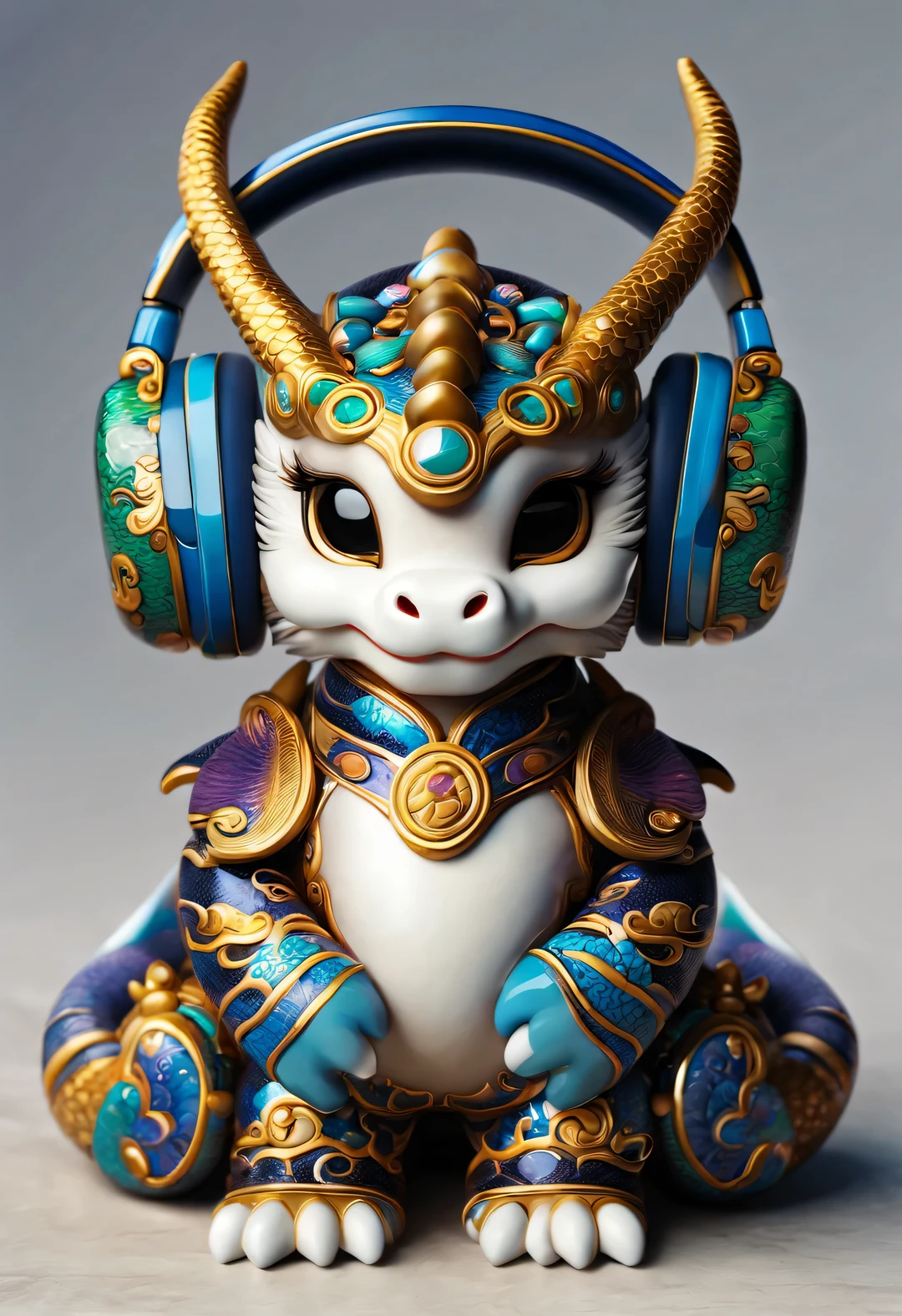 neofuturistic style, （Tsundere and cute Q-version Chinese dragon wearing big headphones），realistic hair，Chinese cloisonne，portrait, Beautiful detailed