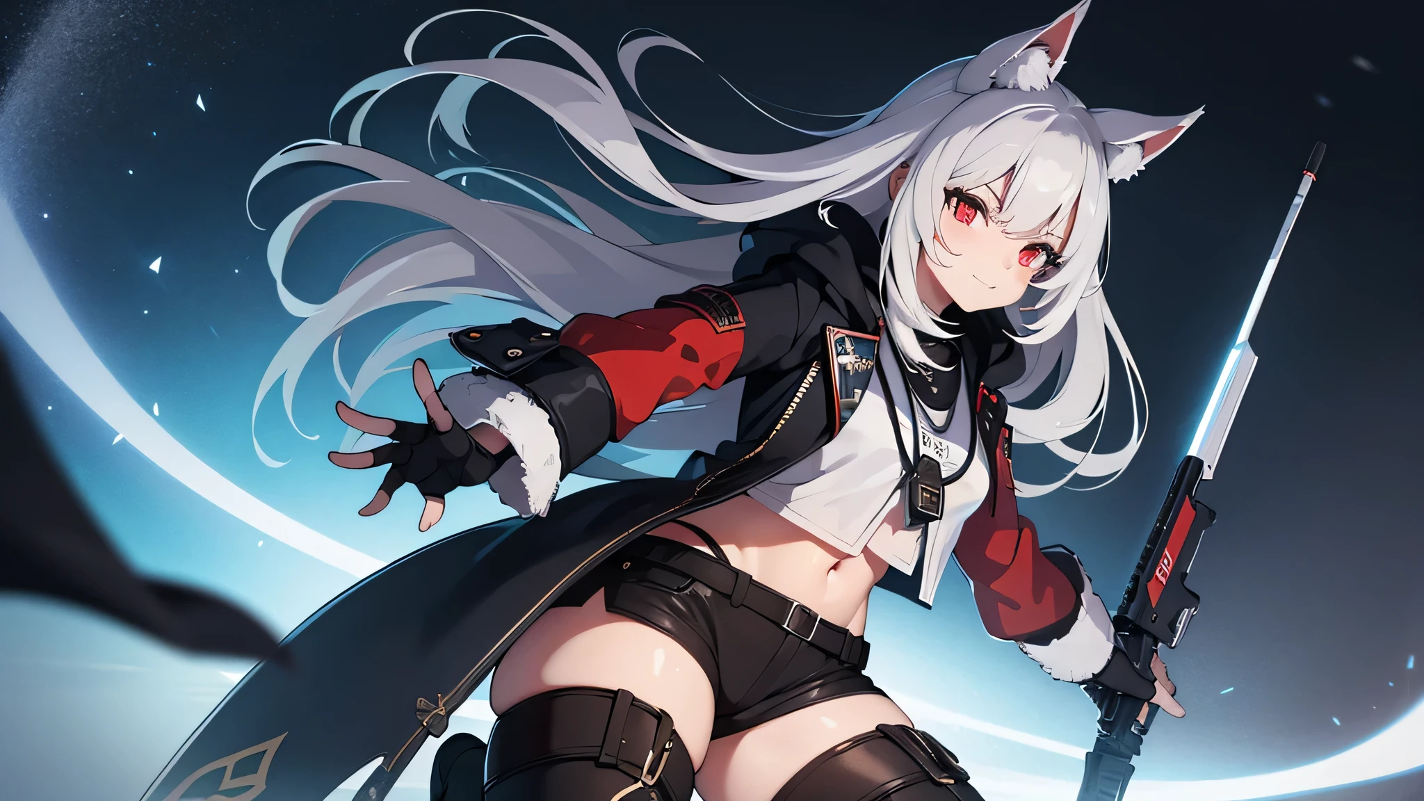 ((best quality)), ((Meisterwerk)), (detailliert), perfektes gesicht, 2Wolfgirls,Krieger,Black over-the-knee stockings,schwarze Stiefel,kurze Hose,offene Jacke,Crop-Top,dicke Oberschenkel,rote Augen,Happy,Illustration,detailed facial features,lange Wimpern,spielerischer Ausdruck,leuchtende Farben,dreamy lighting,Schlachtfeld-Hintergrund