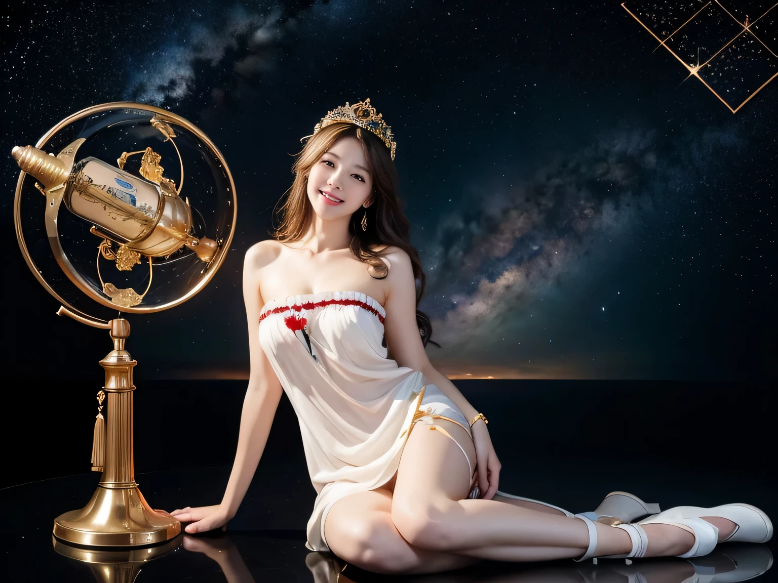 full body portrait or statue、geometry、Stained glass、12 constellations、Vigée Leblanc style、math、astronomical machine、astronaut、roses in vase、fruit、Cute trinkets、smile、ancient greek costume、Sandro Botticelli paintings、Costume that stretches your shoulders、A big smile、expression of ecstasy、sexy、beautiful bare skin、Detailed representation of the seducing woman throughout the body
