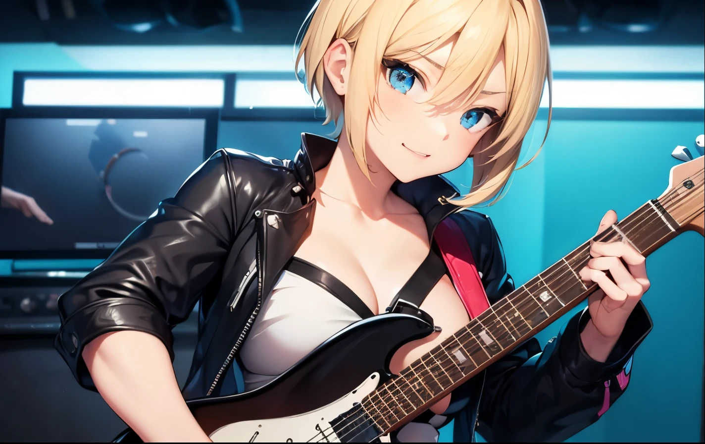 High resolution, 2D anime style,,blue eyes beautiful eyes,high and beautiful nose,thin face,blonde boyish short hair,Cool adult woman,Chest is slightly larger,she looks very happy,biting one's lips, she was very angry, she narrows her eyes,Punk fashion that shows cleavage,she is wearing a leather jacket and shorts.,have a guitar,I'm playing guitar,In the studio