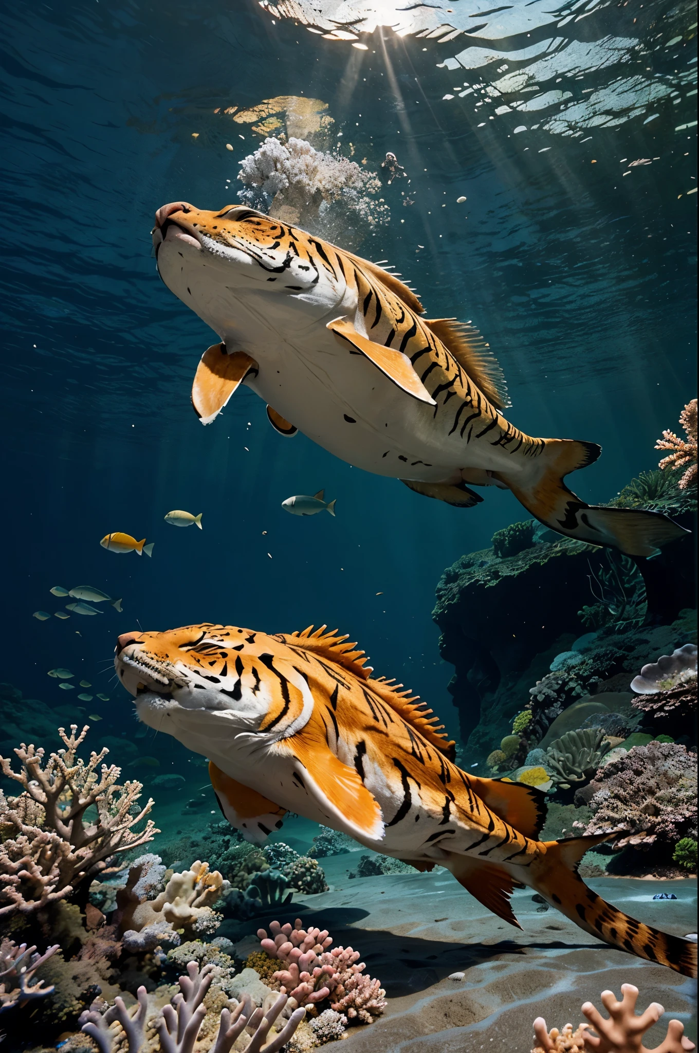Large tiger-like fish on the seabed with lots of coral reefs and starfish as well as small fish