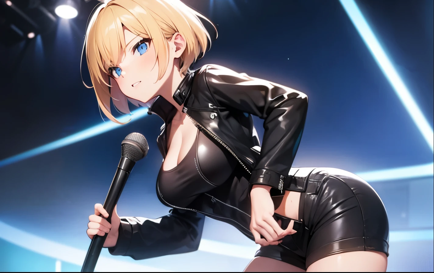 High resolution, 2D anime style,,blue eyes beautiful eyes,high and beautiful nose,thin face,blonde boyish short hair,Cool adult woman,Chest is slightly larger,she looks very happy,biting one&#39;s lips, she was very angry, she narrows her eyes,Punk fashion that shows cleavage,she is wearing a leather jacket and shorts.,have a guitar,I'm playing guitar,Singing,In the studio
