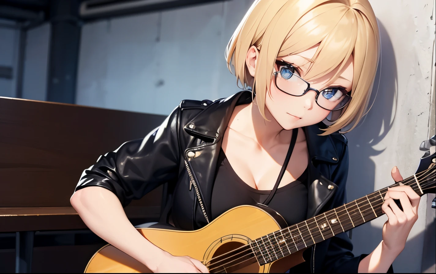 High resolution, 2D anime style,,blue eyes beautiful eyes,high and beautiful nose,thin face,blonde boyish short hair,Cool adult woman,Chest is slightly larger,she looks very happy,biting one&#39;s lips, she was very angry, she wears glasses,she narrows her eyes,Punk fashion that shows cleavage,she is wearing a leather jacket and shorts.,have a guitar,I'm playing guitar,In the studio
