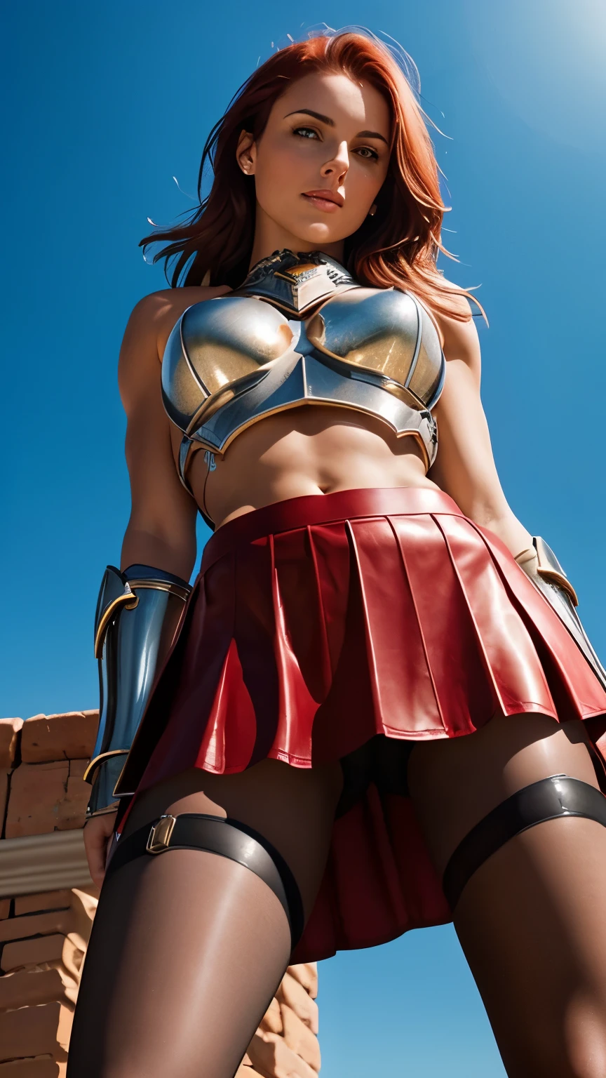 a female gladiator, (huge breasts:1.1), (wearing platinum gladiator armor around her shoulders:1.4), (wearing a red spartan leather skirt around her hips:1.3), (wearing shiny sheer transparent brown pantyhose on her legs:1.2), lace-up low wedge heel booties, long straight red hair, small hips, small butt, girly pose, thin, skinny, fit, short, athletic, backdrop of the coliseum, toned athletic legs, please show all of her in view, masterpiece, sunlight, 8k, HDR, amazing details, hyper-realistic, photorealistic, highly attractive, facing the viewer, low angle, from below, feet in view, (show entire body), sexy ankles, feet in view,
