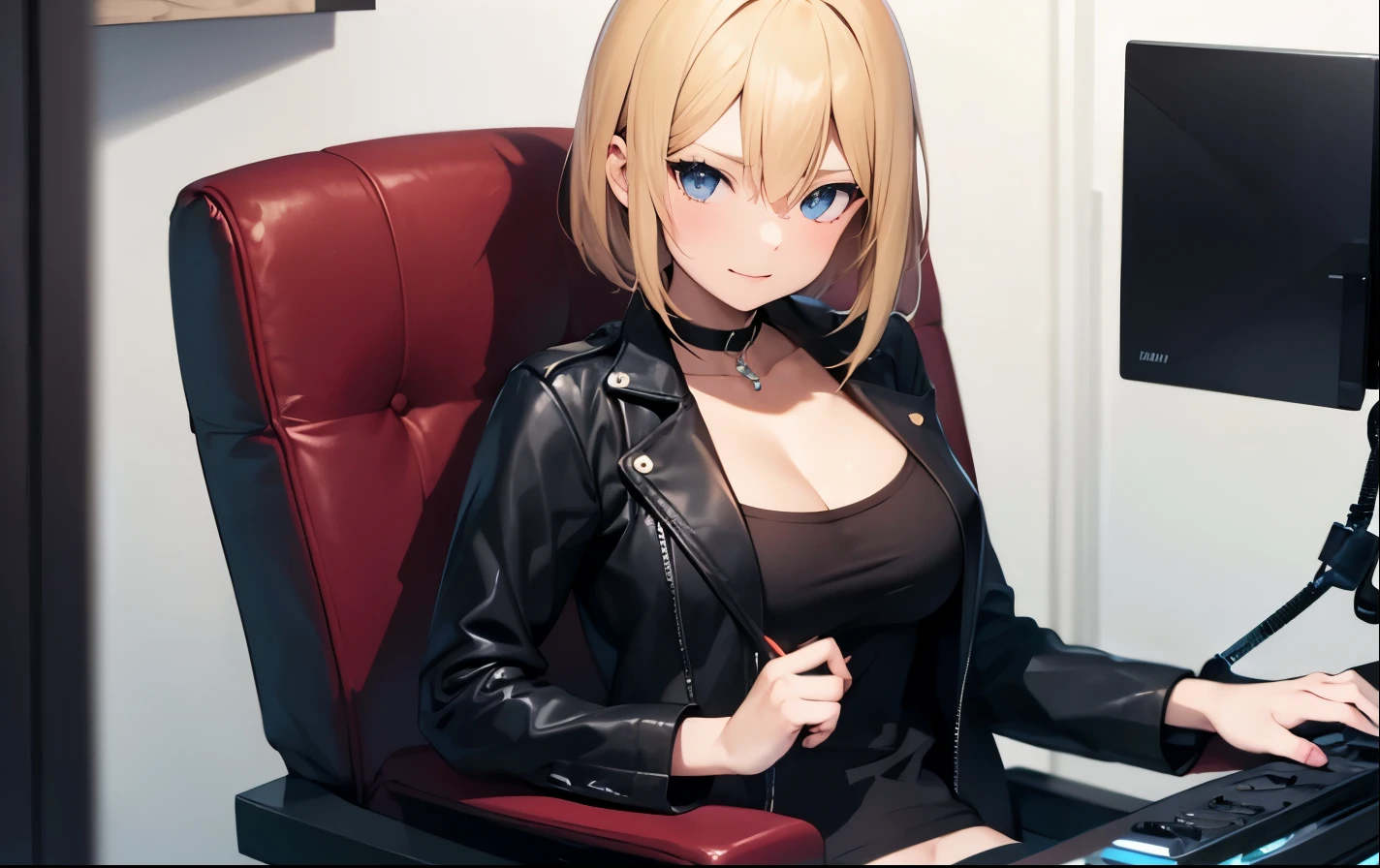 High resolution, 2D anime style,,blue eyes beautiful eyes,high and beautiful nose,thin face,blonde boyish short hair,Cool adult woman,Chest is slightly larger,she looks very happy,biting one&#39;s lips, she was very angry, she narrows her eyes,Punk fashion that shows cleavage,she is wearing a leather jacket and shorts.,sitting on a chair and playing the grand piano,In the studio
