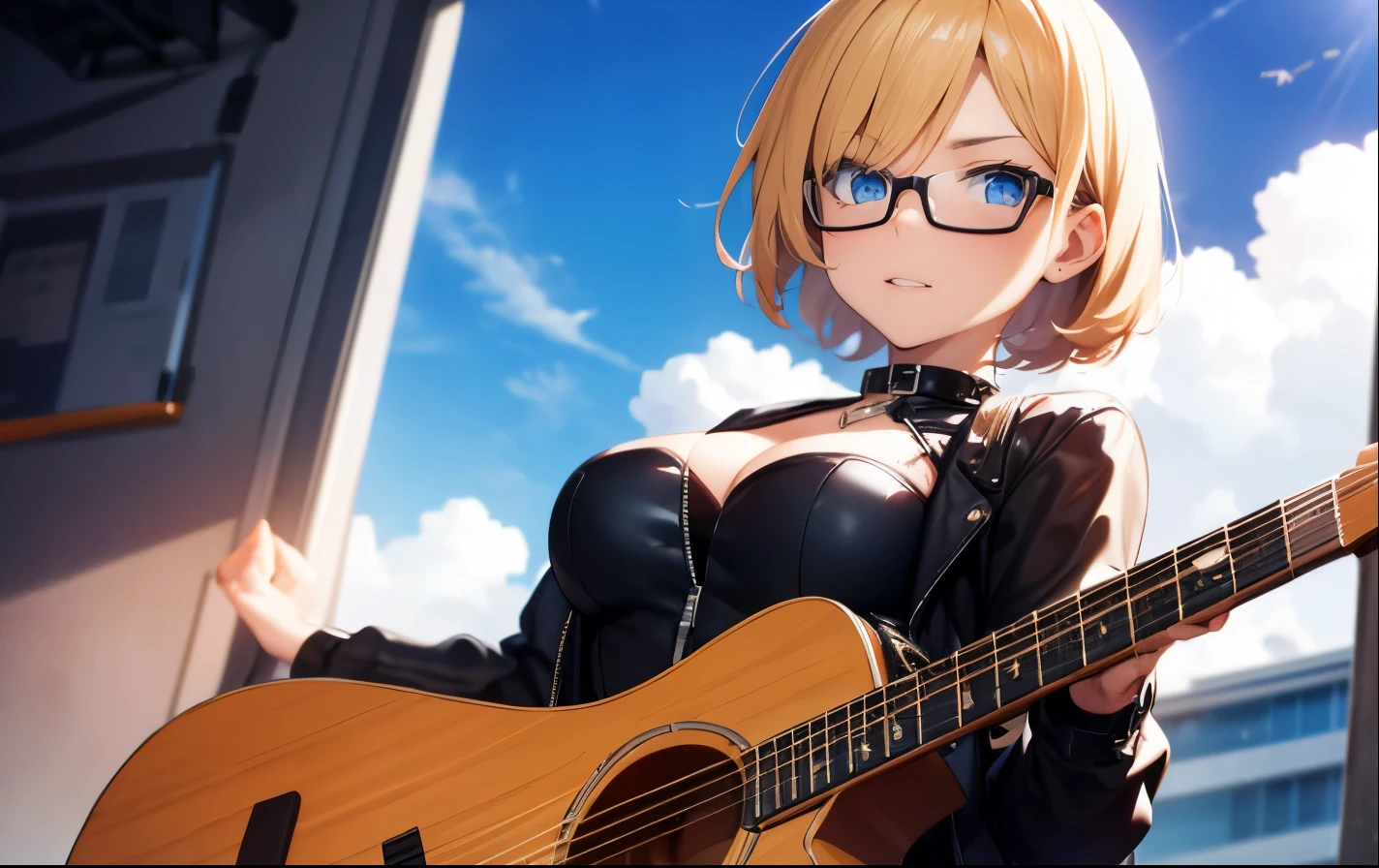 High resolution, 2D anime style,,blue eyes beautiful eyes,high and beautiful nose,thin face,blonde boyish short hair,Cool adult woman,Chest is slightly larger,she looks very happy,biting one&#39;s lips, she was very angry, she wears glasses,she narrows her eyes,Punk fashion that shows cleavage,she is wearing a leather jacket and shorts.,have a guitar,I'm playing guitar,In the studio
