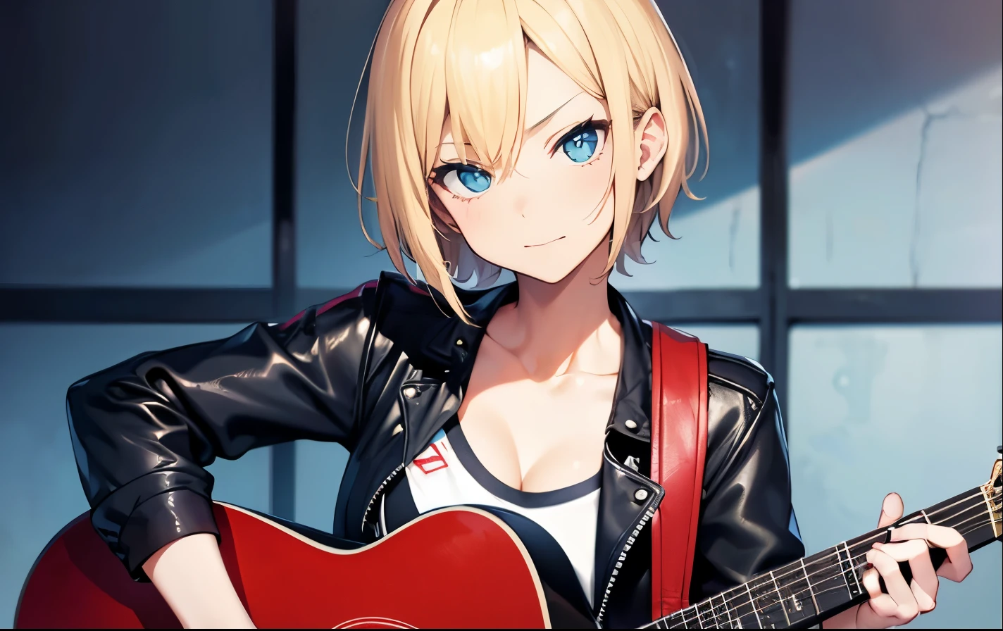 High resolution, 2D anime style,,blue eyes beautiful eyes,high and beautiful nose,thin face,blonde boyish short hair,Cool adult woman,Chest is slightly larger,she looks very happy,biting one's lips, she was very angry, she narrows her eyes,Punk fashion that shows cleavage,she is wearing a leather jacket and shorts.,have a guitar,I'm playing guitar,In the studio