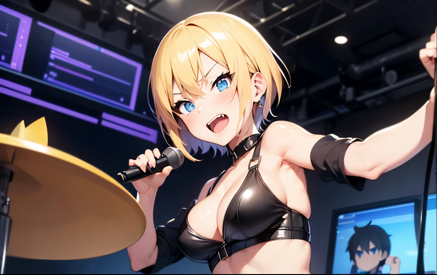 High resolution, 2D anime style,,blue eyes beautiful eyes,high and beautiful nose,thin face,blonde boyish short hair,Cool adult woman,Chest is slightly larger,she looks very happy,biting one&#39;s lips, she was very angry, she narrows her eyes,Punk fashion that shows cleavage,she is wearing a leather jacket and shorts.,playing the drums,,In the studio
