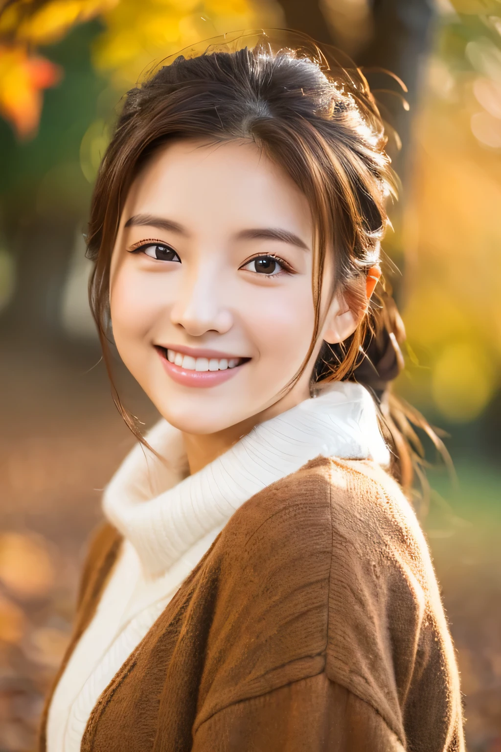 highest quality、masterpiece、(Photoreal:1.4)、1 girl、smiling eyes、(Ulchan-6500-v1.1:1.0)、Brownish、brown eyes、22 years ago、Beautiful woman、actress、Autumn outfit、drop down