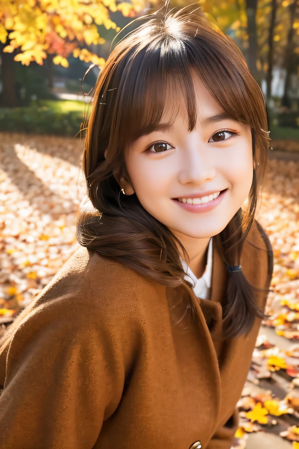 highest quality、masterpiece、(Photoreal:1.4)、1 girl、smiling eyes、(Ulchan-6500-v1.1:1.0)、Brownish、brown eyes、22 years ago、Beautiful woman、actress、Autumn outfit、drop down