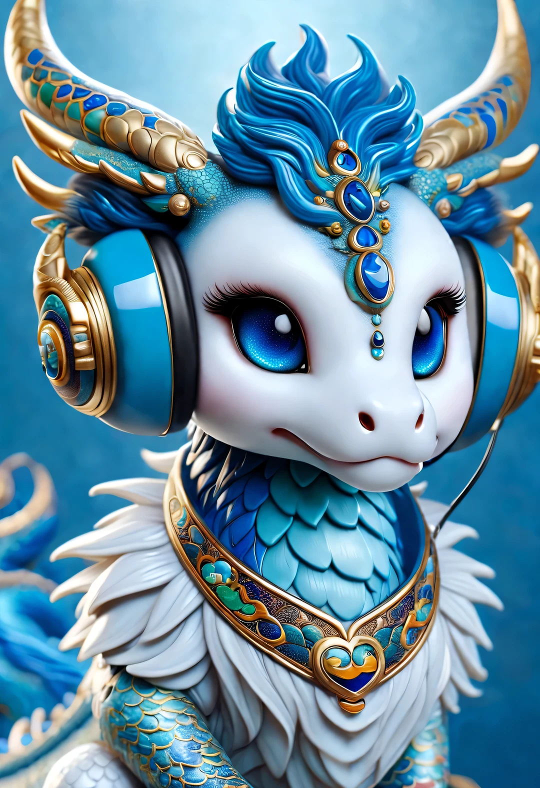 neofuturistic style, (Proud Chinese dragon wearing big headphones),realistic hair,Chinese cloisonne,portrait, Beautiful detailed,cartoon,Lovely,