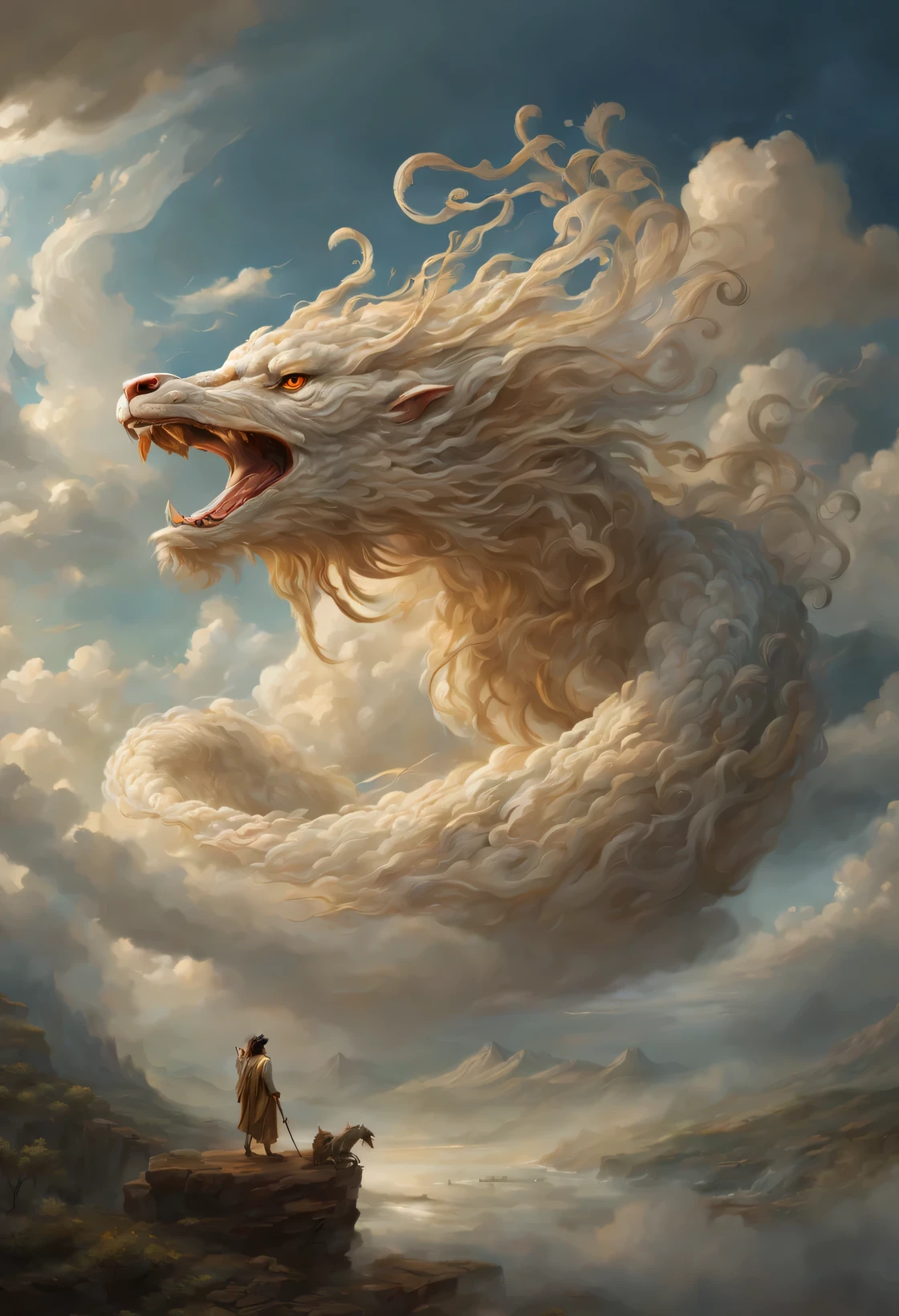 A celestial drama unfolded in the ethereal heavens as thick clouds formed an awe-inspiring spectacle. The billows weaved together, creating a wondrous creature of mythical lore. This captivating manifestation has become popular on Artstation, depicted with precise brushstrokes. The studio portrait reveals unrivaled intricacy and breathtaking detail. The creation is adorned with minuscule intricacies that are indescribable.