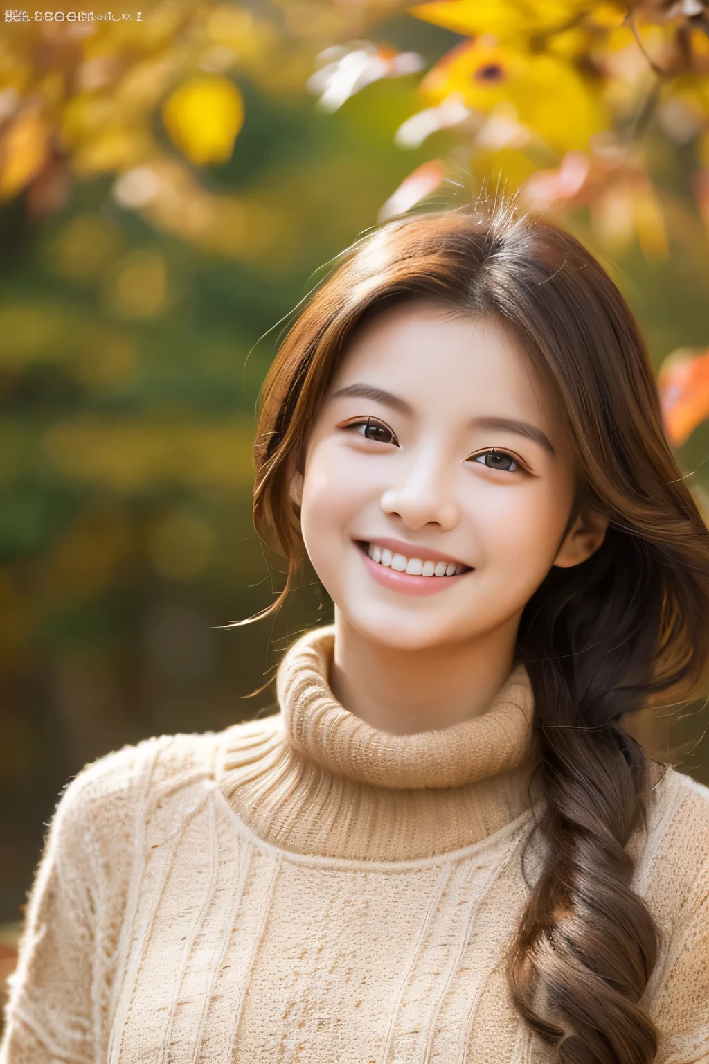 highest quality、masterpiece、(Photoreal:1.4)、1 girl、smiling eyes、(Ulchan-6500-v1.1:1.0)、Brownish、brown eyes、22 years ago、Beautiful woman、actress、Autumn outfit、drop down