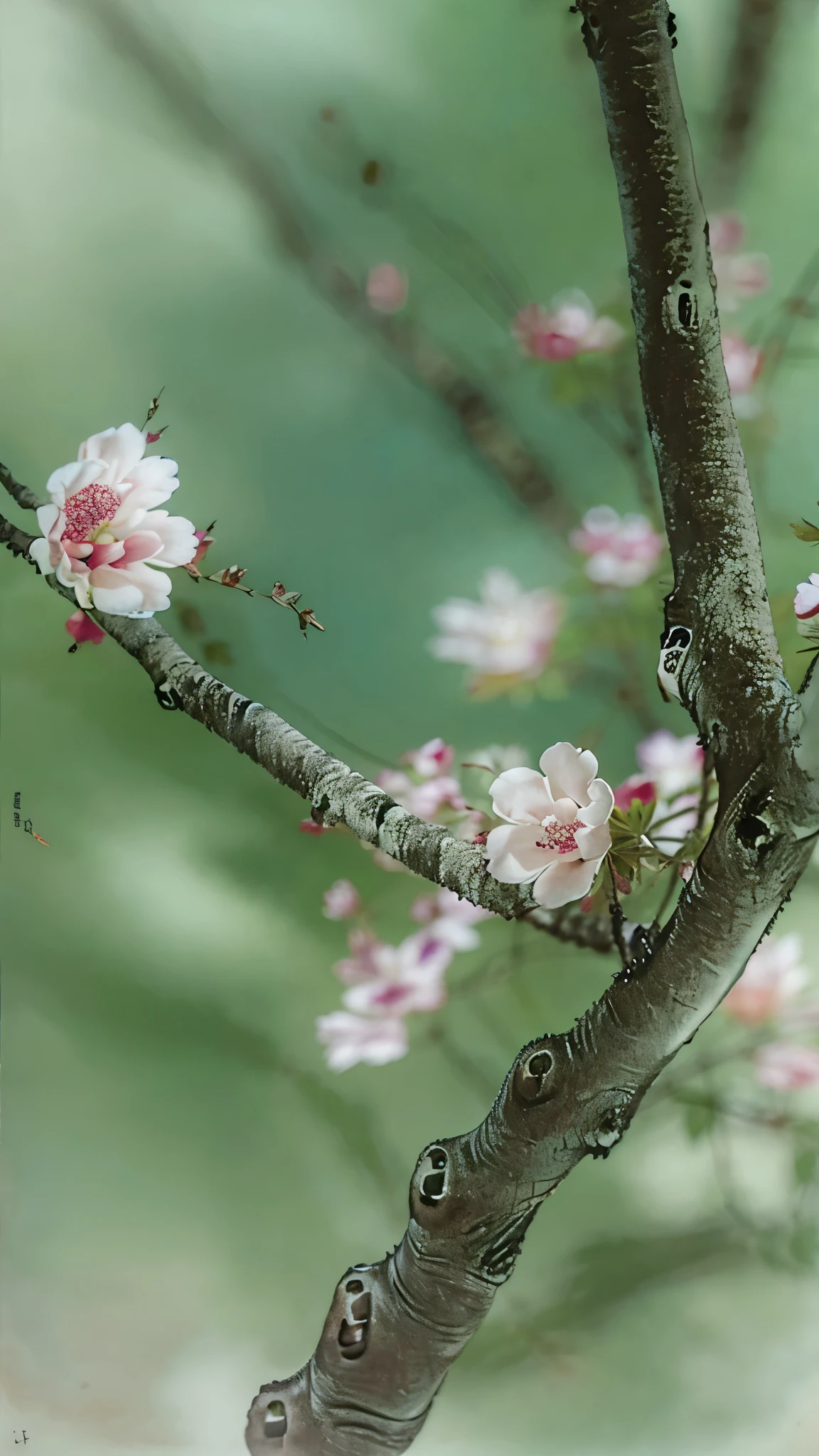 New buds grew on the branches, Early spring atmosphere, Rebirth, Energetic, Relaxed, ink painting, depth of field, projected inset, 35mm, Sony FE GM, Luminism, 8k, highres, best quality, high details, high quality, masterpiece