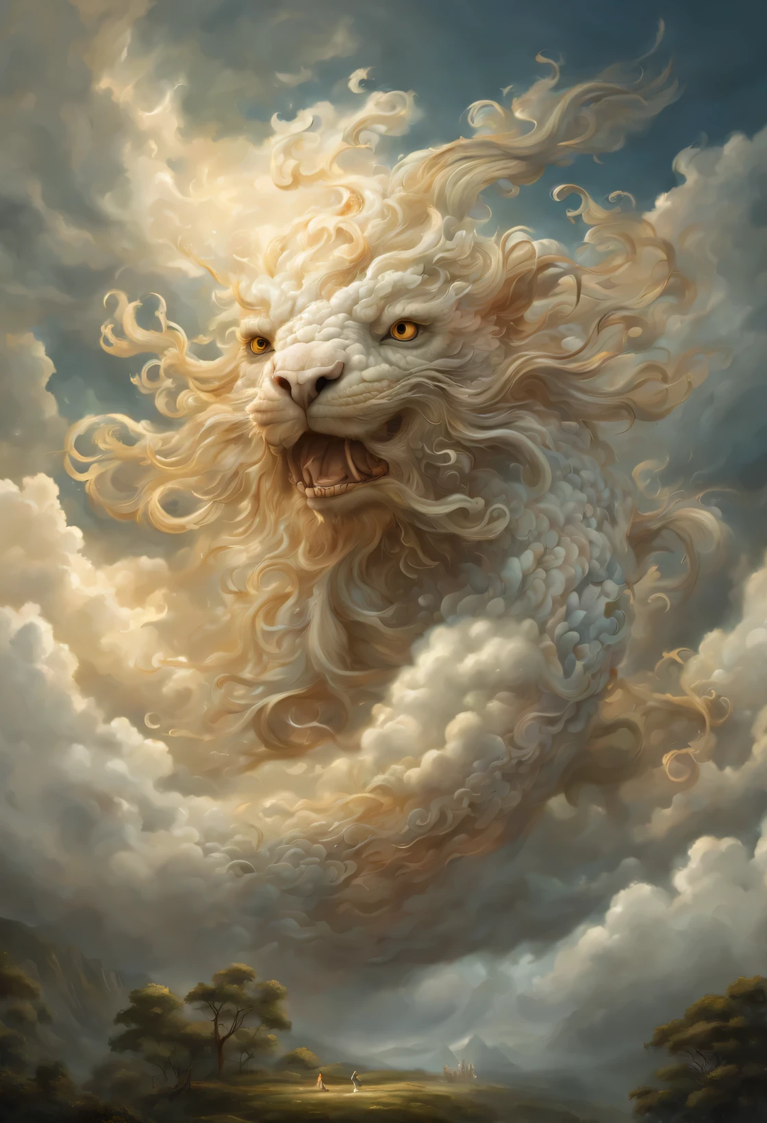A celestial drama unfolded in the ethereal heavens as thick clouds formed an awe-inspiring spectacle. The billows weaved together, creating a wondrous creature of mythical lore. This captivating manifestation has become popular on Artstation, depicted with precise brushstrokes. The studio portrait reveals unrivaled intricacy and breathtaking detail. The creation is adorned with minuscule intricacies that are indescribable.