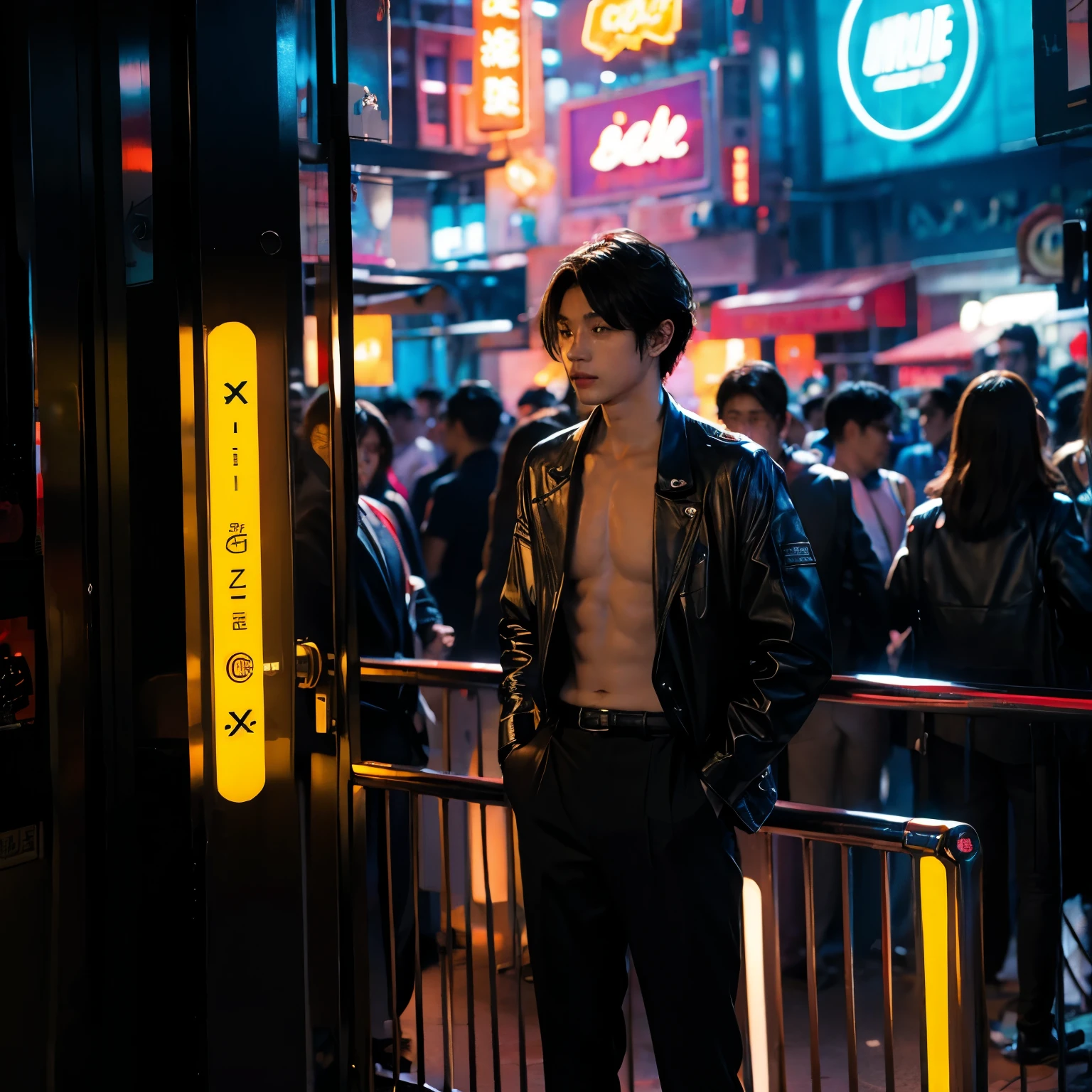 wide angle,night club,Colorful neon sign,boy、whole body、