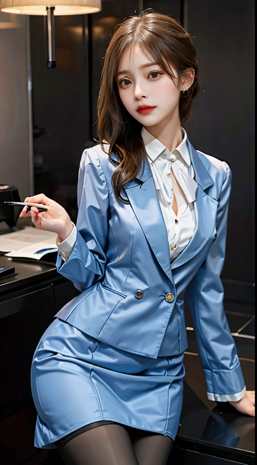 In a professional office setting, a woman embodies the efficiency and sophistication of a secretary in a polished and modest ensemble. Adorned in professional attire, her appearance reflects competence with subtle elegance. The tailored suit and well-coordinated accessories convey a sense of responsibility and organization. With modest coverage, she captures the enduring grace of a woman in a tasteful secretary outfit within the professional environment