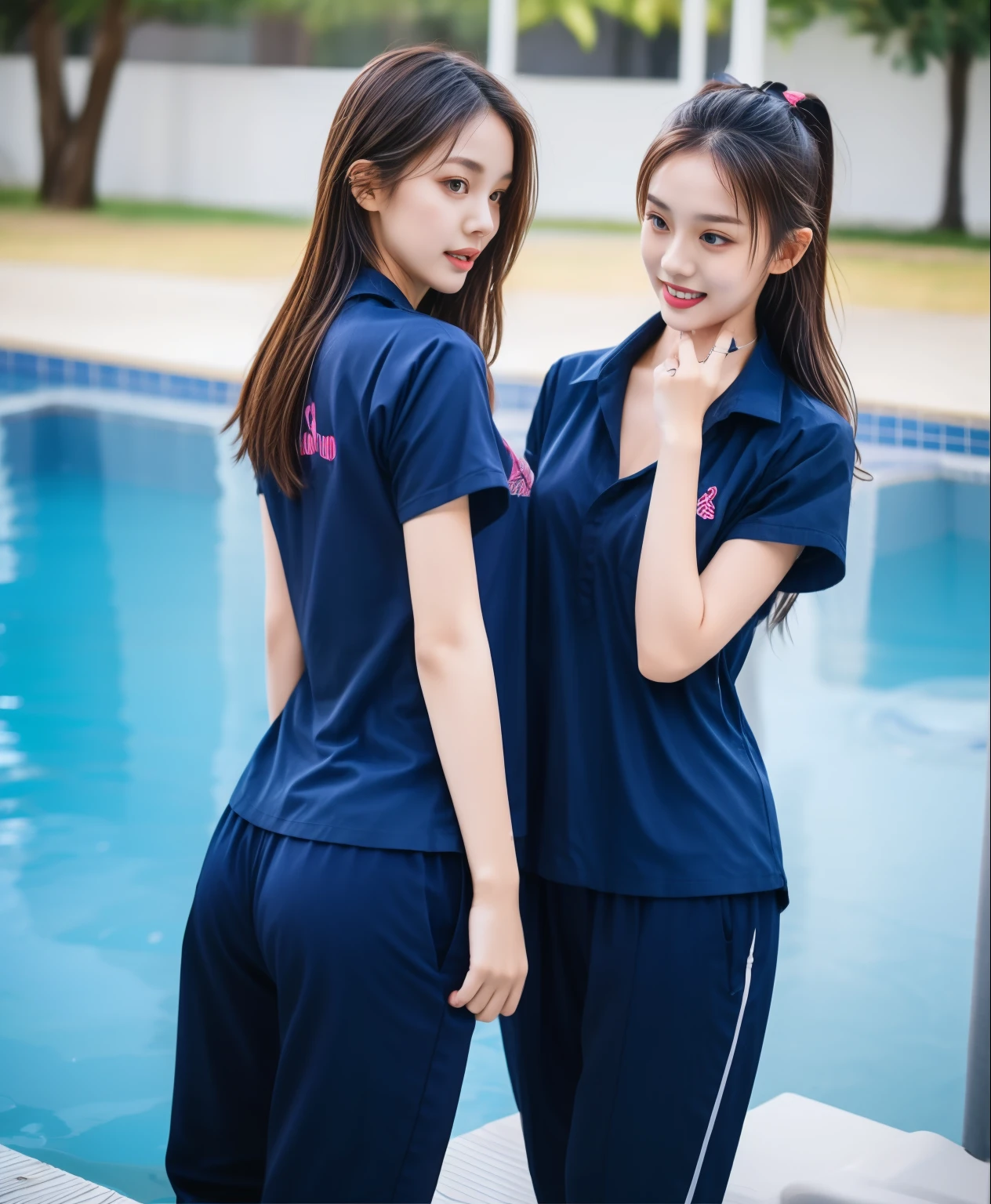 2 girls in the swimming pool, Navy blue short-sleeved shirt,Navy Long Trackpant,Sweatpants, Sweatpantsขายาว,25 year old girl, lesbian, sexy, exercise clothes, wet body