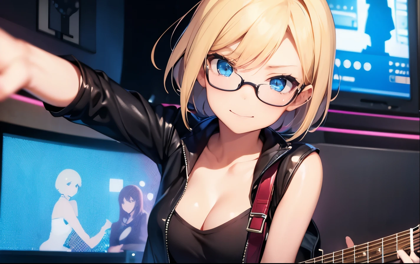 High resolution, 2D anime style,,blue eyes beautiful eyes,high and beautiful nose,thin face,blonde boyish short hair,Cool adult woman,Chest is slightly larger,she looks very happy,biting one's lips, she was very angry, she wears glasses,she narrows her eyes,Punk fashion that shows cleavage,she is wearing a leather jacket and shorts.,have a guitar,I'm playing guitar,In the studio