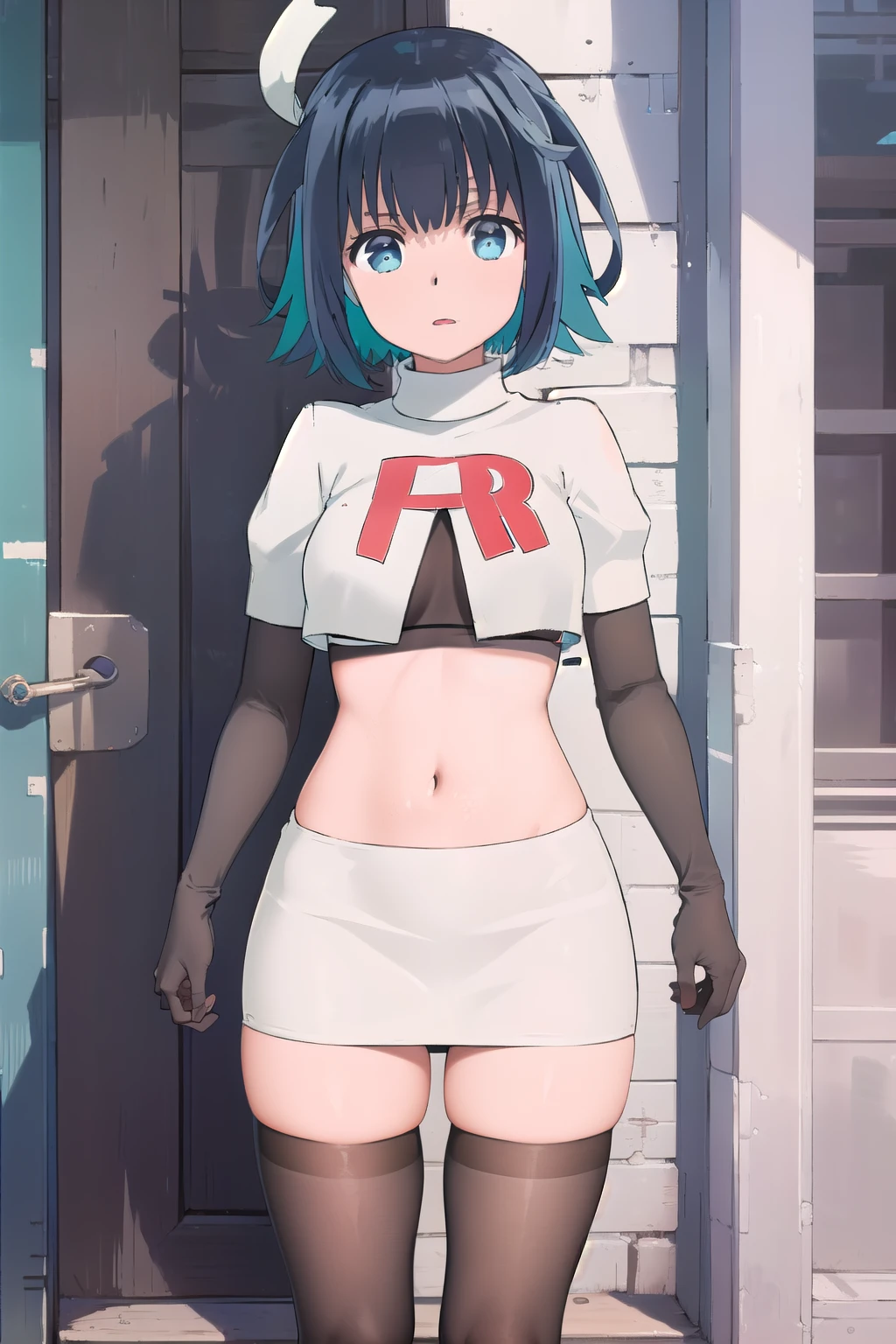 (extremely detailed CG unity 8k wallpaper),(masterpiece),(best quality),(ultra-detailed),(best illustration),(best shadow),(absurdres),  Konoha, 1girl, solo, outdoors, looking at viewer, blue eyes, multicolored hair, short hair, blue hair, black hair, two-tone hair, bangs, virtual youtuber, colored inner hair, aqua hair, team rocket,team rocket uniform,white skirt,red letter R,crop top,black thigh-highs,black elbow gloves