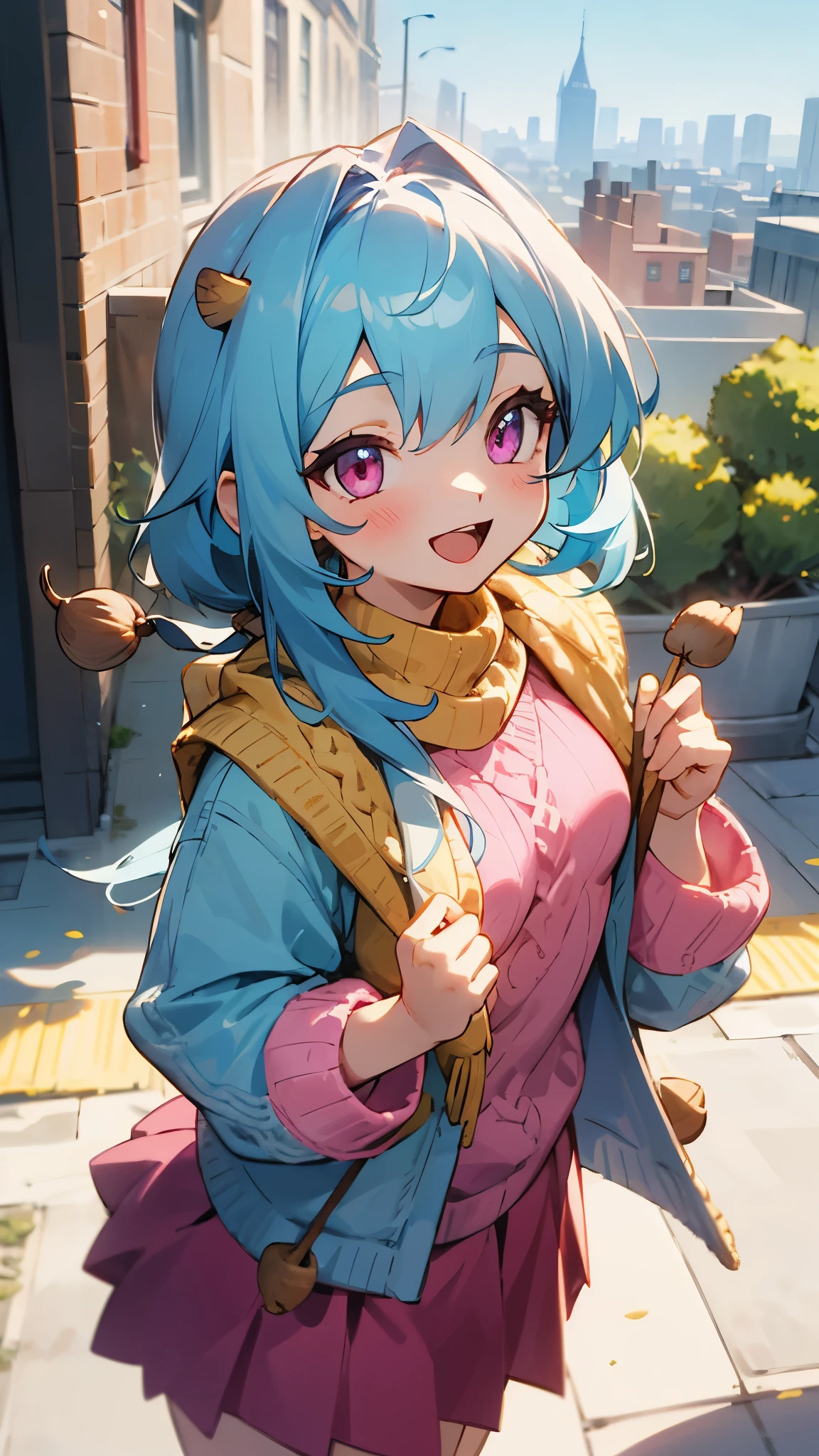 16 year old girl、light blue hair、pink eyes、smile、open your mouth、small breasts、large amount of acorns、skirt、knitwear、(colorful)、cowboy shot、From above、outdoor、morning、high buildings in the background、sidewalk、upper body close-up