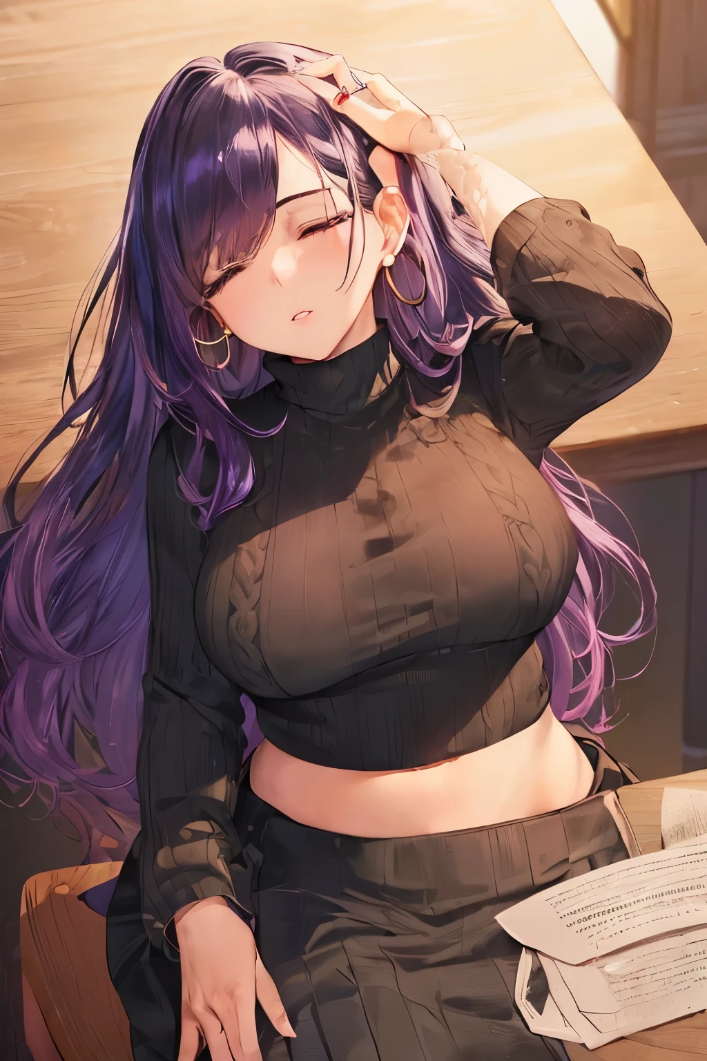 (Uhd, Masterpiece, Textured Skin, Super Detail, High Details, High Quality, Best Quality), 1woman, mature pretty woman, ultra-detailed face, detailed lips, full lips, wide hips, thick thighs, (big breasts), ((purple hair)), tall, Ribbed Sweater with a cropped black skirt, ((((Ribbed Sweater)))) + ((((black cropped long skirt)))), ((((Gal look + Gal Style + Gold Hoop Earrings)))), ((sitting in a chair inside a classroom) + (((((Head propped on the table sleeping with eyes closed))))):0.5