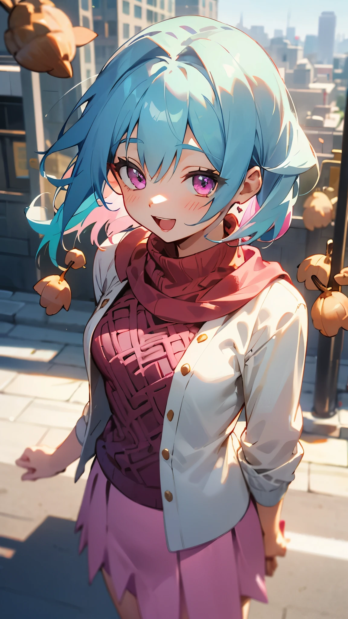 girl、light blue hair、pink eyes、smile、open your mouth、small breasts、large amount of acorns、skirt、knitwear、(colorful)、cowboy shot、From above、outdoor、morning、high buildings in the background、sidewalk、upper body close-up
