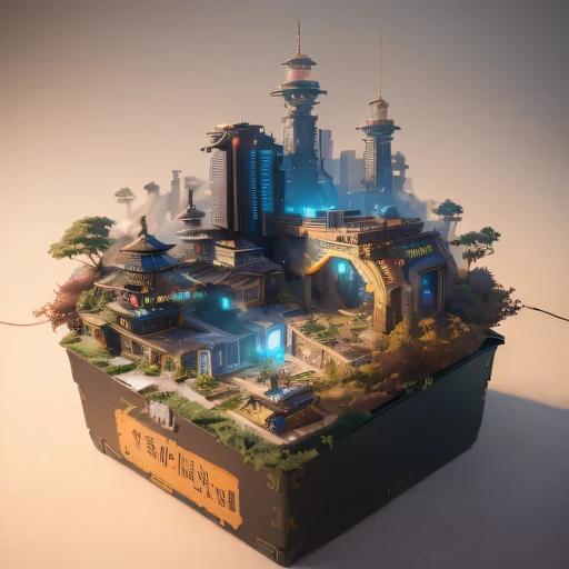 small realistic model, (bifurcation, original photo, best quality, masterpiece:1.4),Steampunk Cyberpunk 1920 City,(Cyberpunk light:1.3),on the Mars,horizon (related to land),(in a small nature box:1.3),Isometric, small nature, landscape on foundation,landscape,