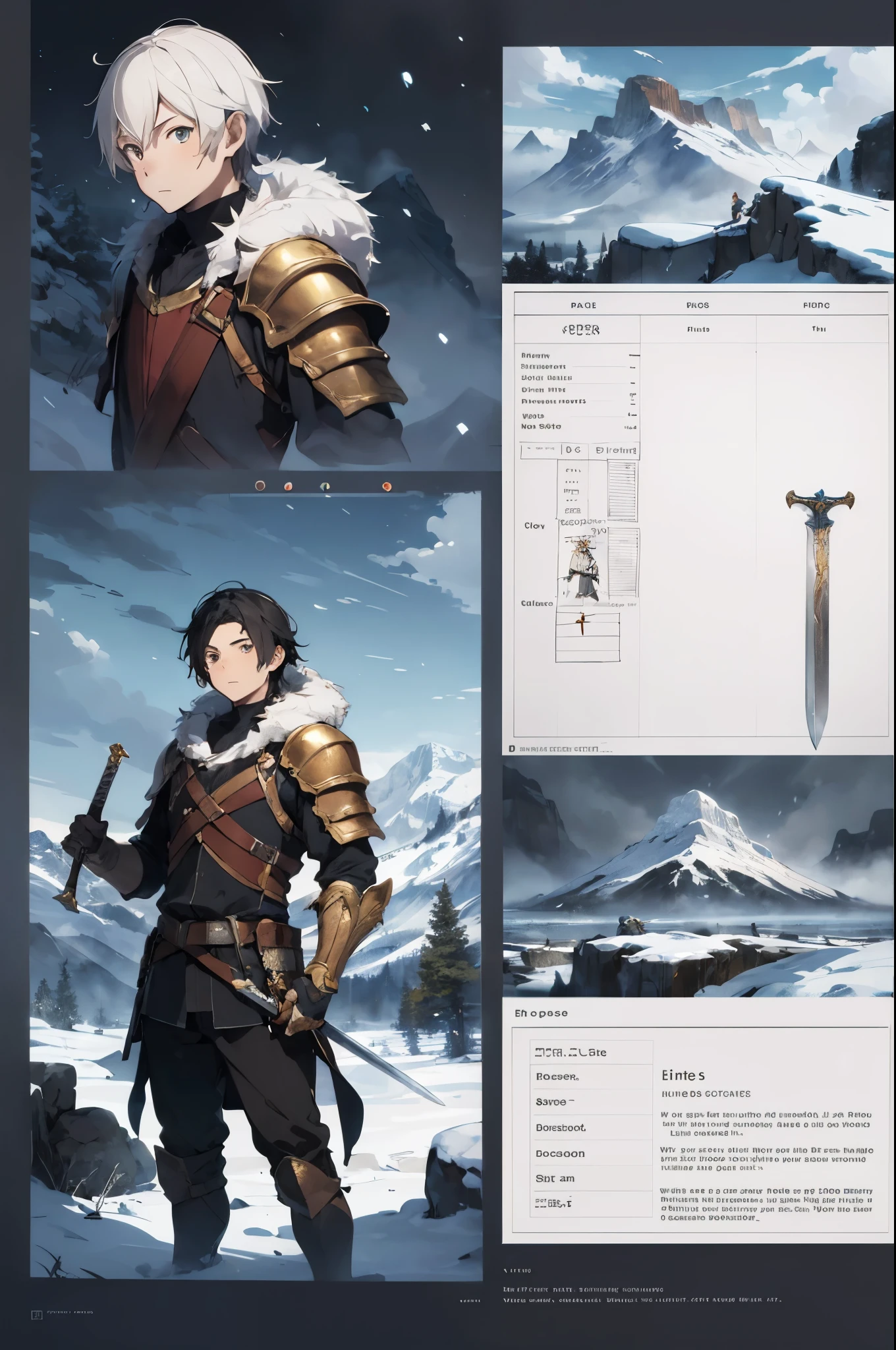 1boy, long hair, pale skin, adventurer, rpg , armor, skinny, fur, masterpiece, fantasy, character sheet, portrait, half body, snow, mountains, sword in hand,