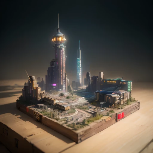 small realistic model, (bifurcation, original photo, best quality, masterpiece:1.4),Steampunk Cyberpunk 1920 City,(Cyberpunk light:1.3),on the Mars,horizon (related to land),(in a small nature box:1.3),Isometric, small nature, landscape on foundation,landscape,