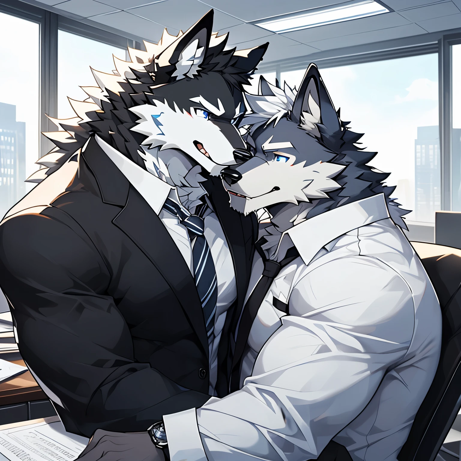 (Best Quality), 1Male,  (Furry Black-and-white Bicolor Wolf), Blue Eyes, White Medium Hair, Business Set, Muscular, Good Looking, teeth, 1Male, (Furry Black Wolf), Purple Eyes, Business Set, Good Looking, Muscular, ((Black-and-white Bicolor Wolf kissing Black Wolf)), Comfortable, Warm Feeling, In office Background.