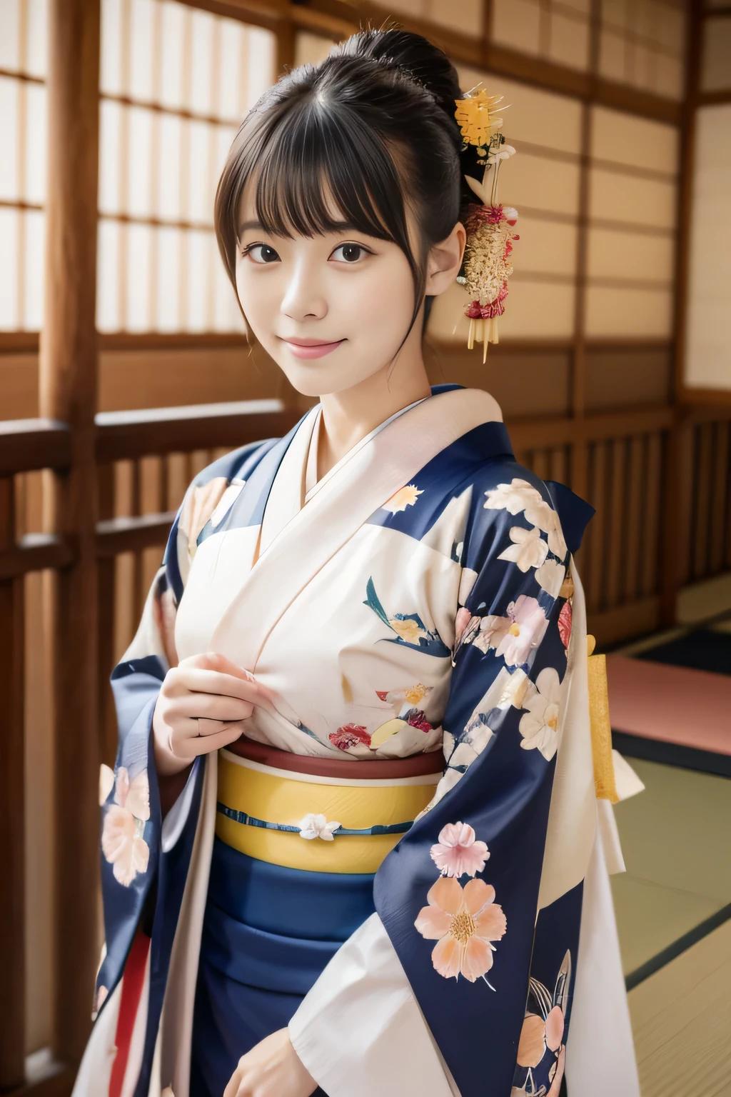 One beautiful Japan model, 18 year old female model,  4K、super high quality、bangs、black haired、Kyo Yuzen、(kimono, Furisode、Japanese style floral pattern:1.5)、(Super cute face with idol style:1.4)、Slim and beautiful body、beautiful breasts、laughter、Full body Esbian:1.2、