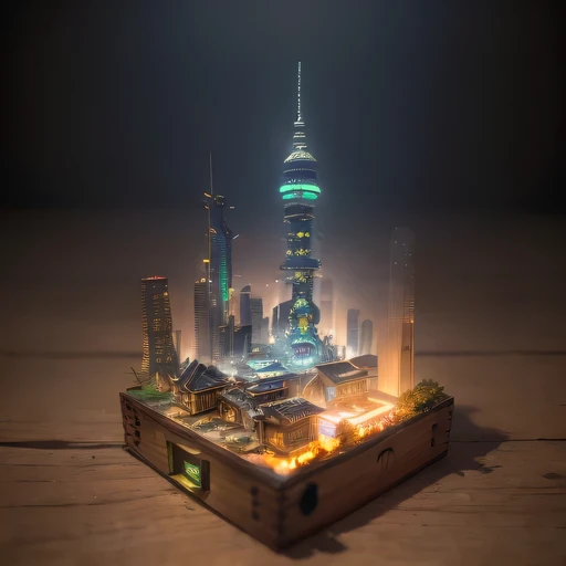 small realistic model, (bifurcation, original photo, best quality, masterpiece:1.4),SteampunkCyberpunk6920 City,(Cyberpunk light:1.3),on the Mars,horizon (related to land),(in a small nature box:1.3),Isometric, small nature, landscape on foundation,landscape,