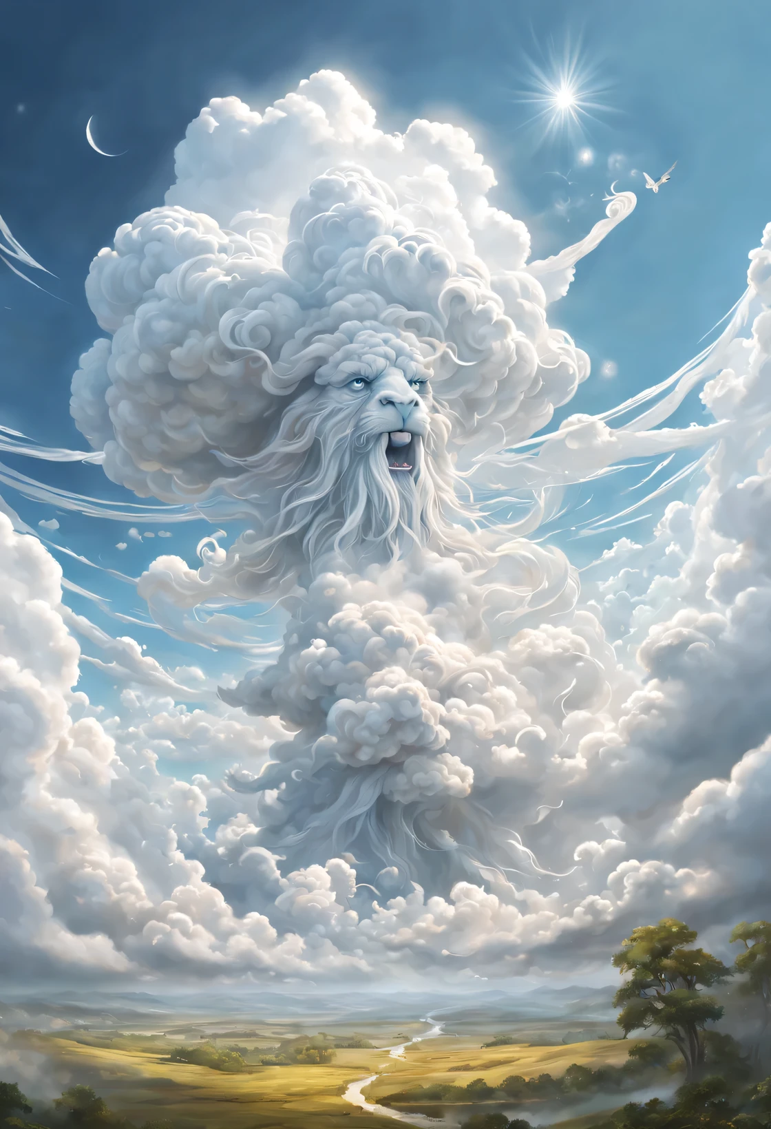 A celestial drama unfolded in the ethereal heavens as thick clouds formed an awe-inspiring spectacle. The billows weaved together, creating a wondrous creature of mythical lore. This captivating manifestation has become popular on Artstation, depicted with precise brushstrokes. The studio portrait reveals unrivaled intricacy and breathtaking detail. The creation is adorned with minuscule intricacies that are indescribable.