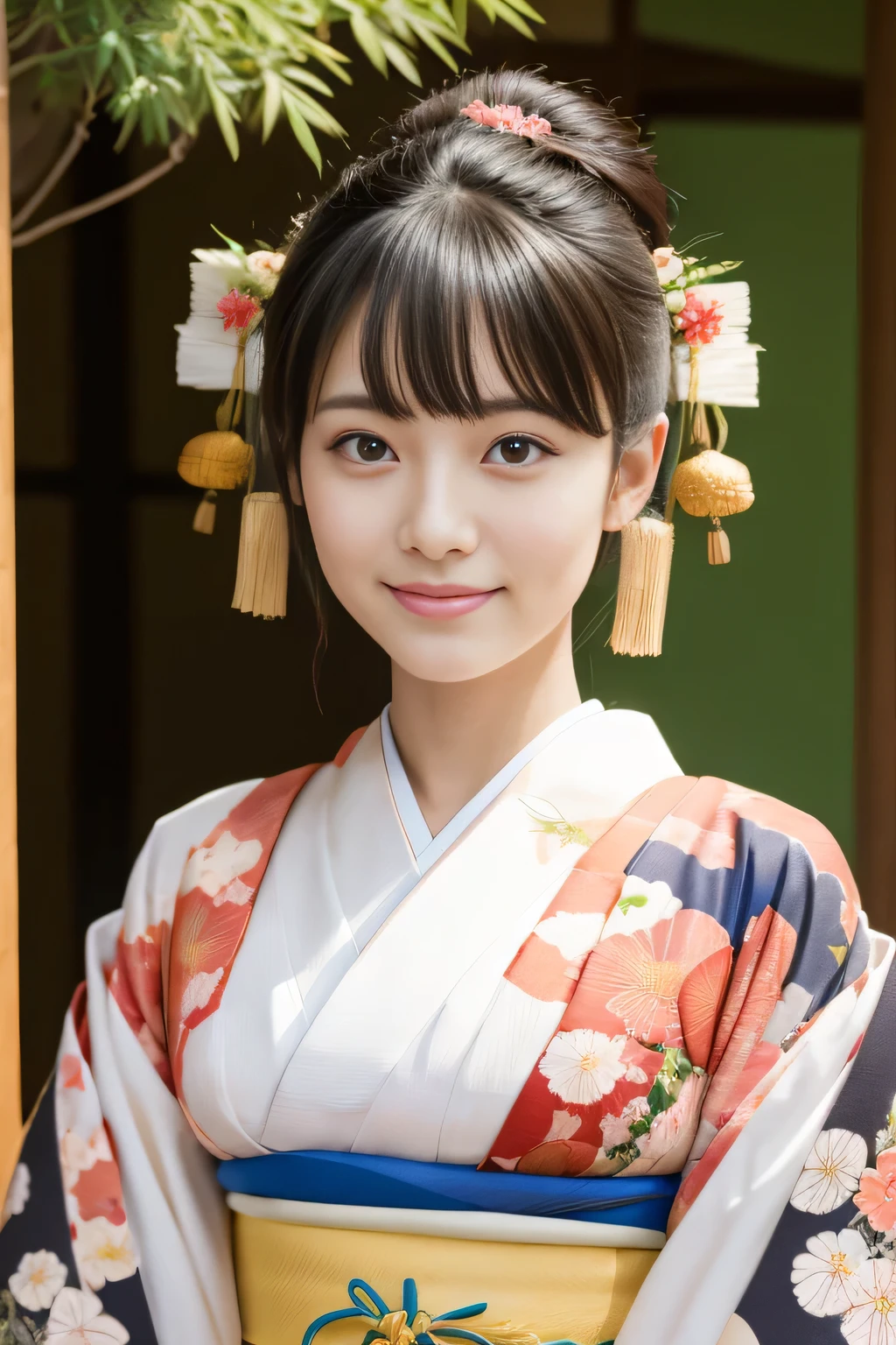 One beautiful Japan model, 18 year old female model,  4K、super high quality、bangs、black haired、Kyo Yuzen、(kimono, Furisode、Japanese style floral pattern:1.5)、(Super cute face with idol style:1.4)、Slim and beautiful body、beautiful breasts、laughter、Full body Esbian:1.2、