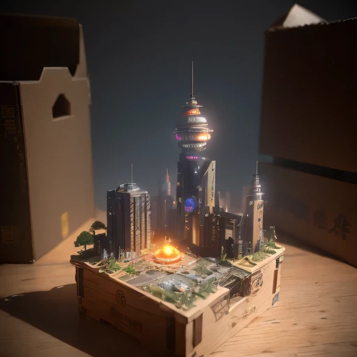 small realistic model, (bifurcation, original photo, best quality, masterpiece:1.4),SteampunkCyberpunk6920 City,(Cyberpunk light:1.3),on the Mars,horizon (related to land),(in a small nature box:1.3),Isometric, small nature, landscape on foundation,landscape,