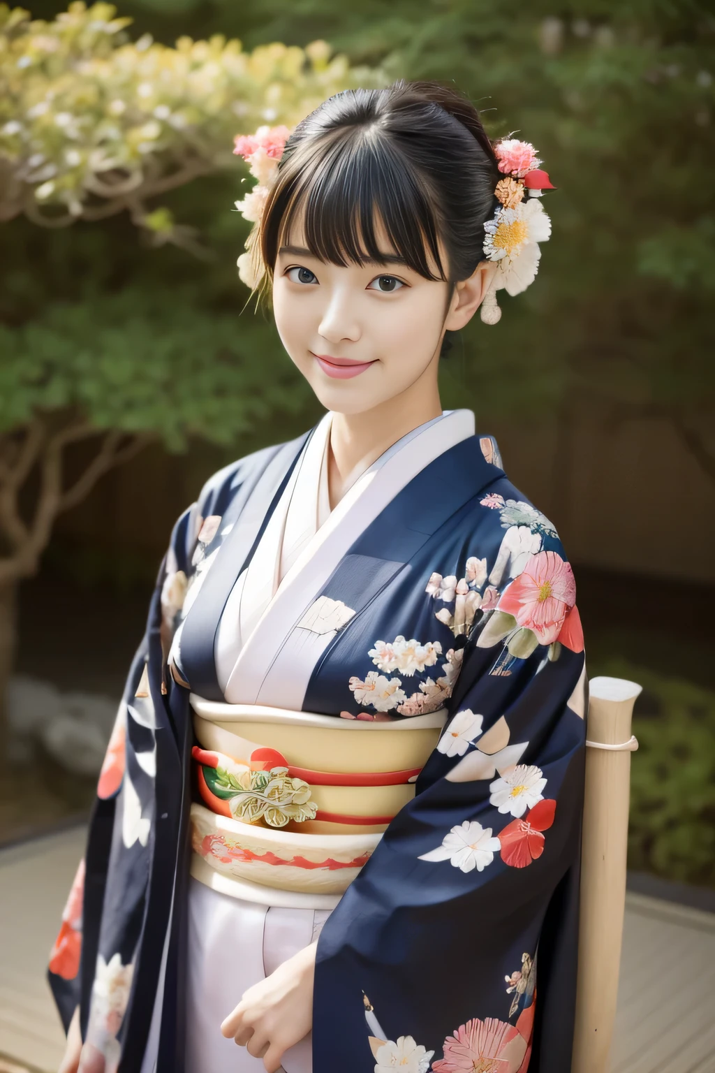 One beautiful Japan model, 18 year old female model,  4K、super high quality、bangs、black haired、Kyo Yuzen、(kimono, Furisode、Japanese style floral pattern:1.5)、(Super cute face with idol style:1.4)、Slim and beautiful body、beautiful breasts、laughter、Full body Esbian:1.2、