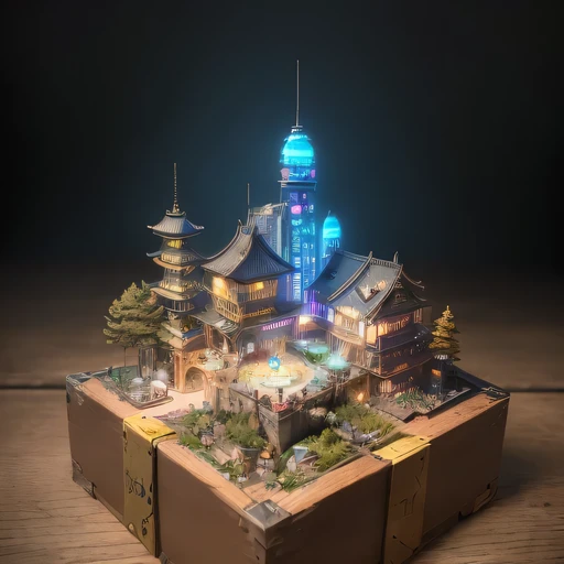 small realistic model, (bifurcation, original photo, best quality, masterpiece:1.4),SteampunkCyberpunk6920 City,(Cyberpunk light:1.3),on the Mars,horizon (related to land),(in a small nature box:1.3),Isometric, small nature, landscape on foundation,landscape,