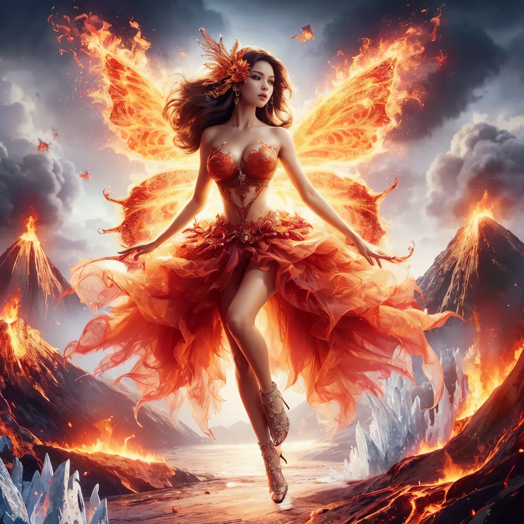 arafed woman with bustier gigantic breast in a 
Tight fire corset and flame dress in front of a building, wearing an ornate outfit, ornate dress, intricate dress, elegant flame corset, ornate and elegant, extravagant dress, inspired by Hedi Xandt, ornate attire, intricate outfit, ornate royal gown, ornate clothing, ornate gown, intricate and elegant, intricate detailed dress, ornate , royal dress, detailed hand, detailed finger, Fire in the body, Fire on the dress, Fire element, Fire wings, Transparent clothing, masterpiece, best quality:1.2),,(8k,highres,RAW photo,realistic,photo-realistic:1.3),(detailed skin texture,detailed cloth texture,detailed flame texture, beautiful detailed face:1.25),professional lighting,photon mapping,beautiful soft light,radiosity,physically-based rendering,raytracing, model shoot style, model shoot style, (extremely detailed CG unity 8k wallpaper), full shot body photo of the most beautiful artwork in the world, (NSFW), (Nude), (Naked), (Nipple)