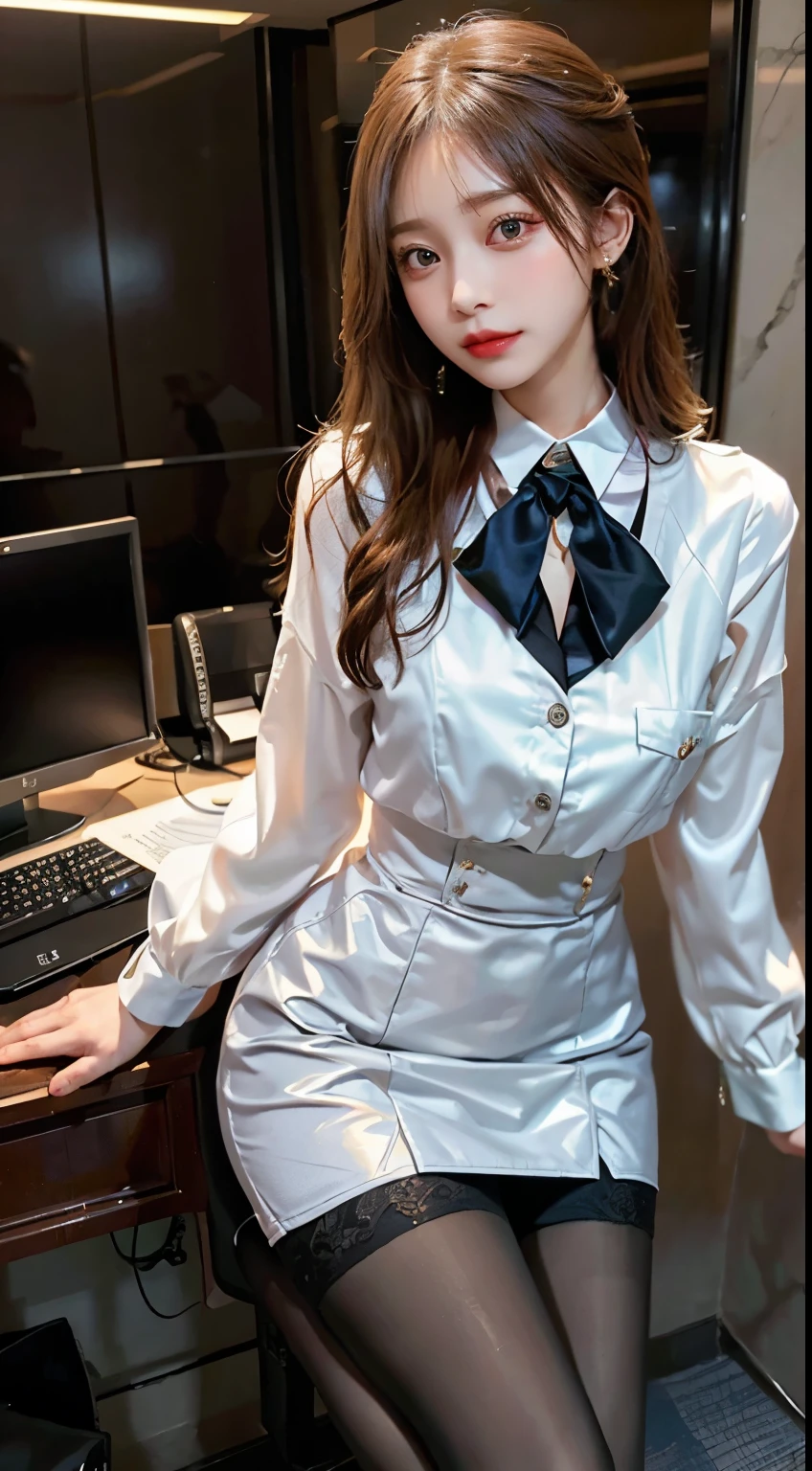 photorealistic, high resolution, soft light,1women, solo, hips up, shining skin, (detailed face), Stewardess uniform, white hair