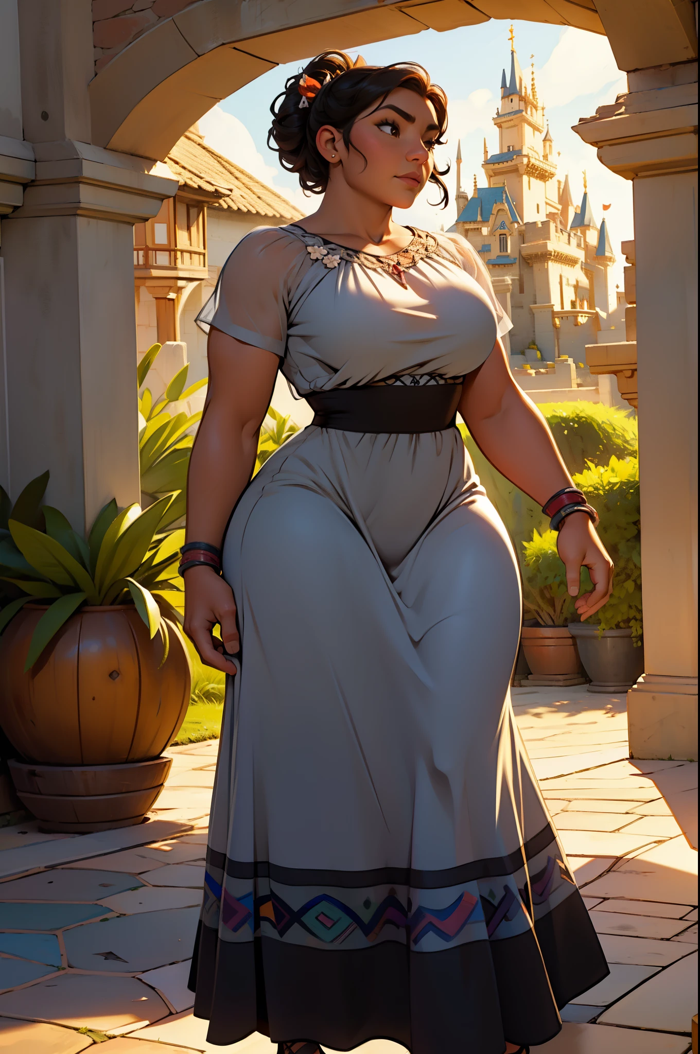 (((Luisa Madrigal from Disney's Enchanto))), toned skin, black hair, long abs (curvy) (wide hips) ((long sundress)), see-through, dark atmosphere