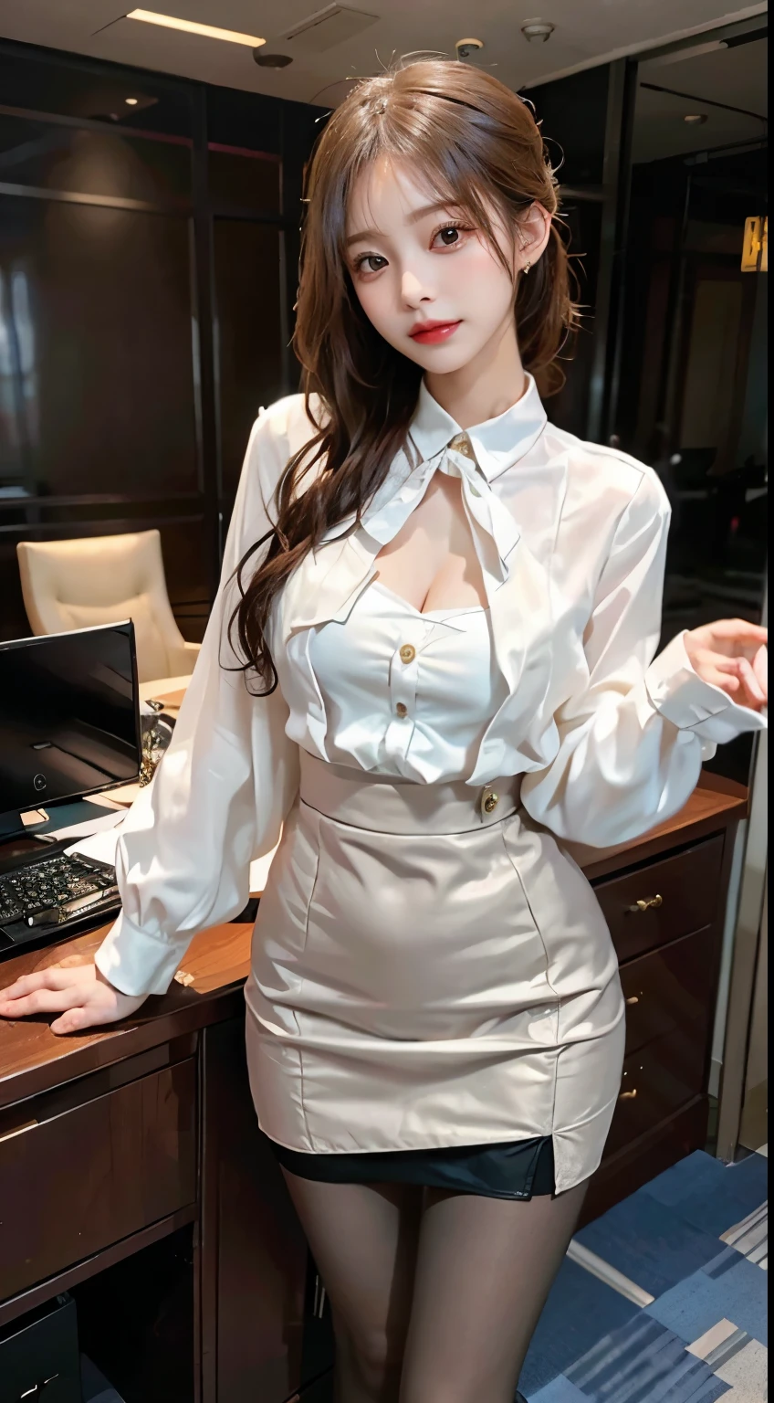 In a professional office setting, a woman embodies the efficiency and sophistication of a secretary in a polished and modest ensemble. Adorned in professional attire, her appearance reflects competence with subtle elegance. The tailored suit and well-coordinated accessories convey a sense of responsibility and organization. With modest coverage, she captures the enduring grace of a woman in a tasteful secretary outfit within the professional environment